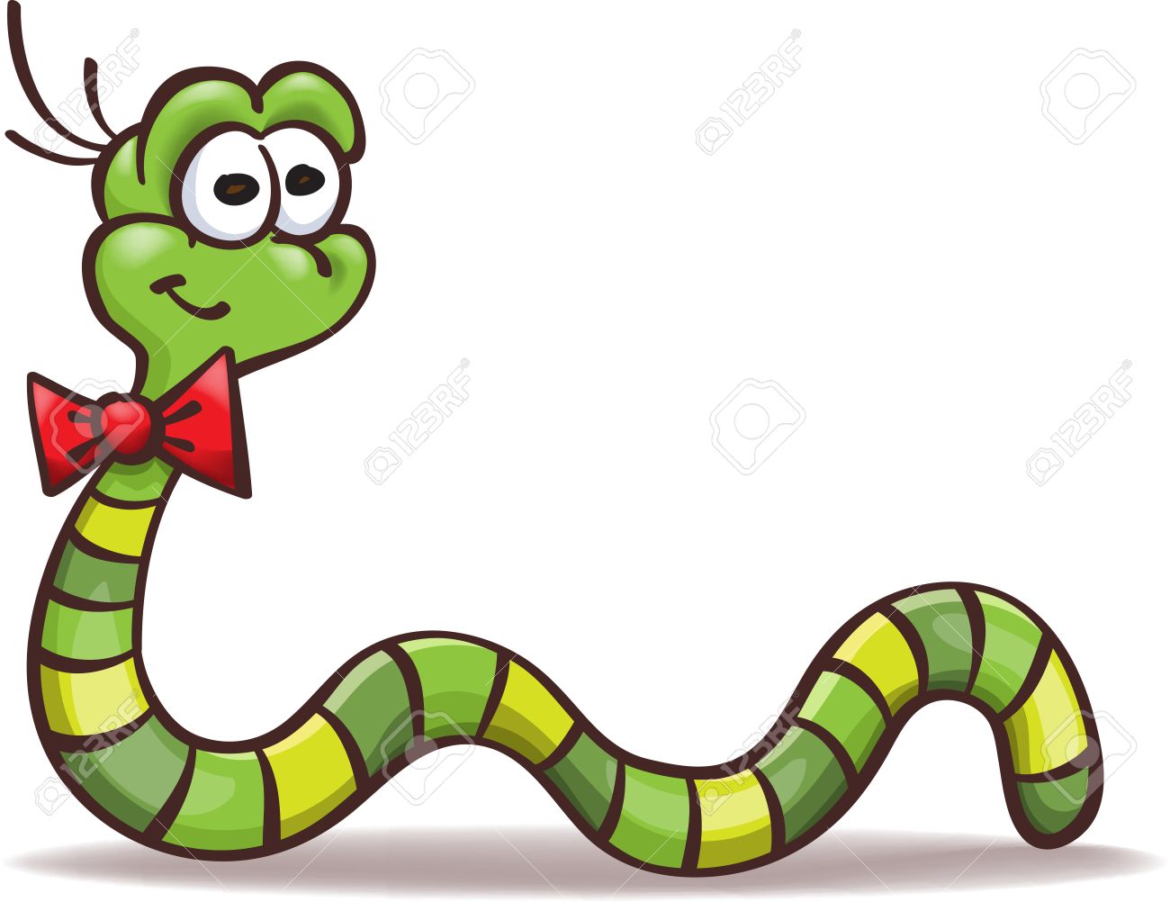funny cartoon worm with a bowtie on the neck isolated on white