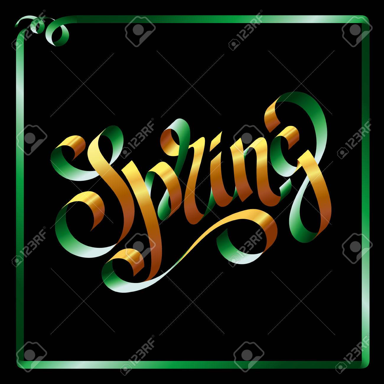 ユニークな手書きレタリング春模倣リボン黒の背景に緑フレーム リボン付き 壁紙 チラシ 招待状 ポスター パンフレット グリーティング カード バナーのベクトル図です のイラスト素材 ベクタ Image