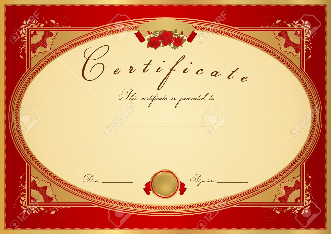 Horizontal Vermelho Certificado De Conclusão (modelo) Com Padrão De Flor  (rosa), Borda Dourada, Medalha (insígnia). Projeto De Fundo Para Diploma,  Convite, Vale-presente, Oficial, Bilhete Ou Prêmios. Royalty Free SVG,  Cliparts, Vetores, e, image size:1300x919