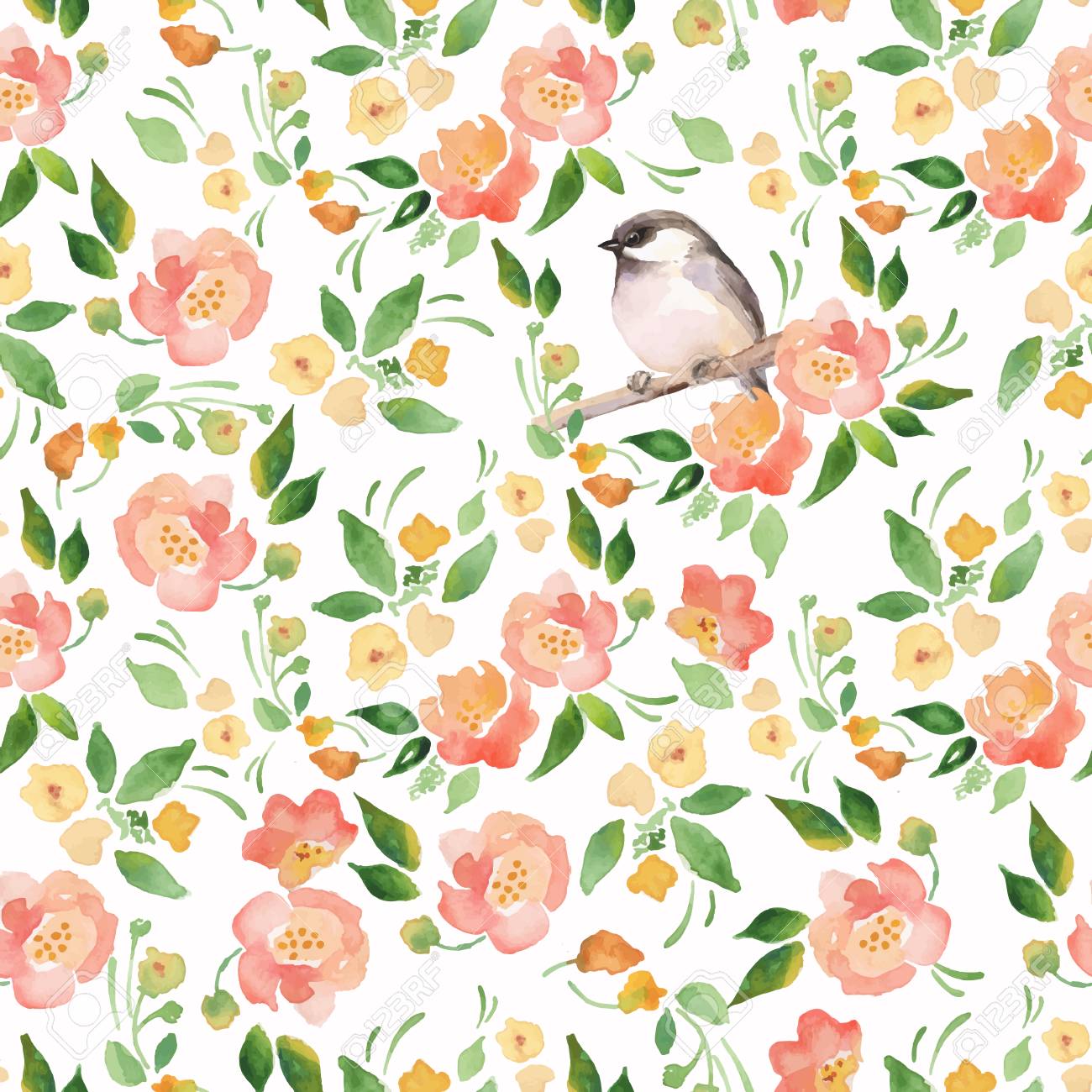 watercolor floral background with a cut bird seamless vector