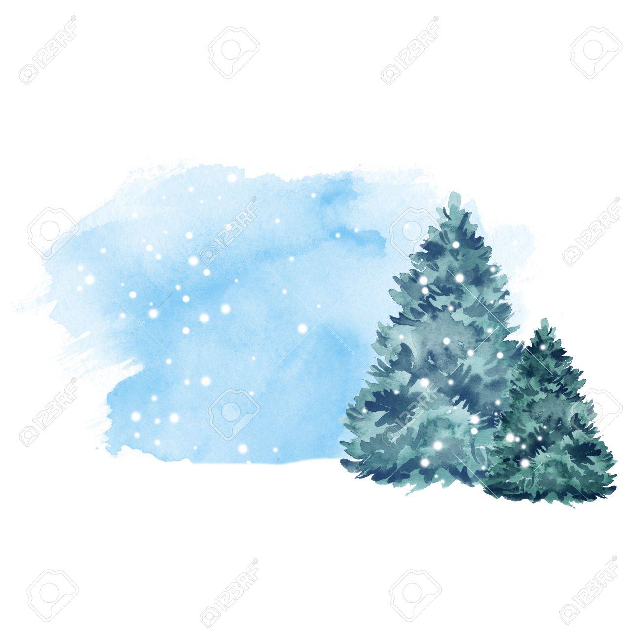 Green fir tree and snow. Winter background. Watercolor painting 2 - 64237595 Green fir tree and snow. Winter background. Watercolor painting 2 - 64237595