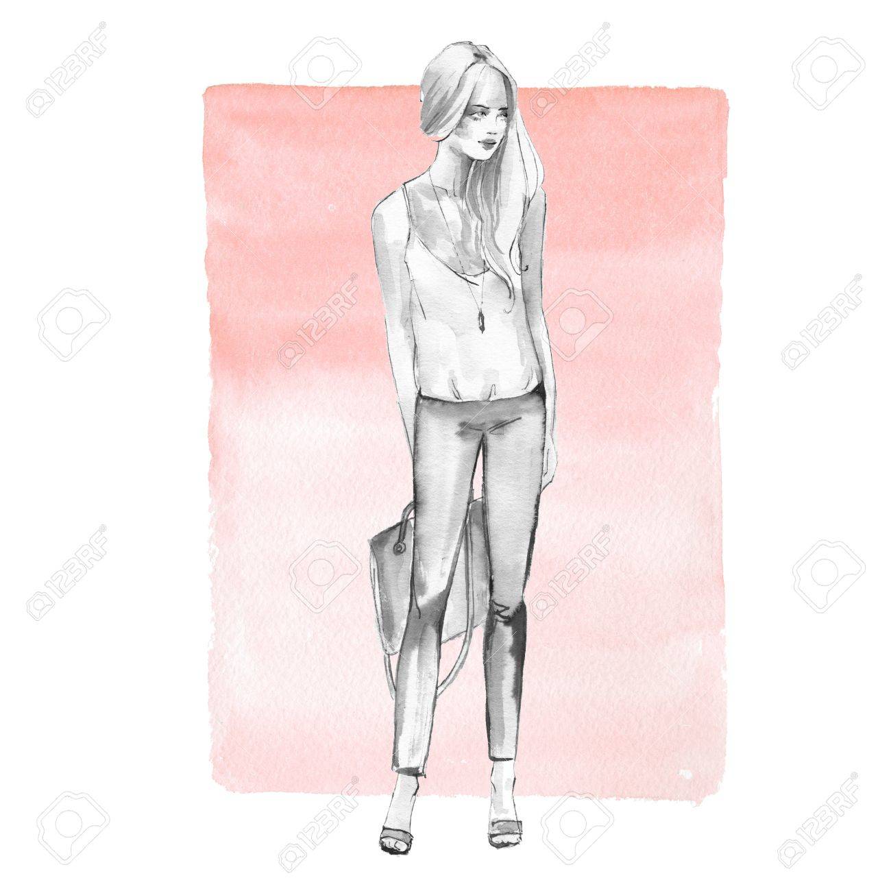 Stock photo watercolor fashion sketch full length girl black and white woman on pink background