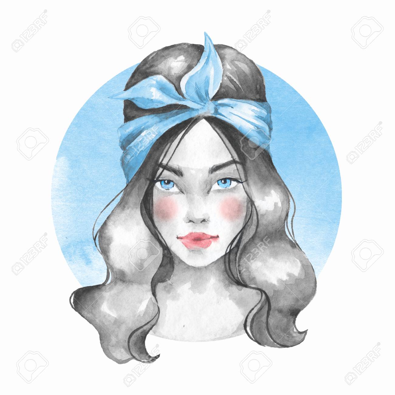 夏の女の子 手描き水彩画の女性の顔 水彩画 の写真素材 画像素材 Image