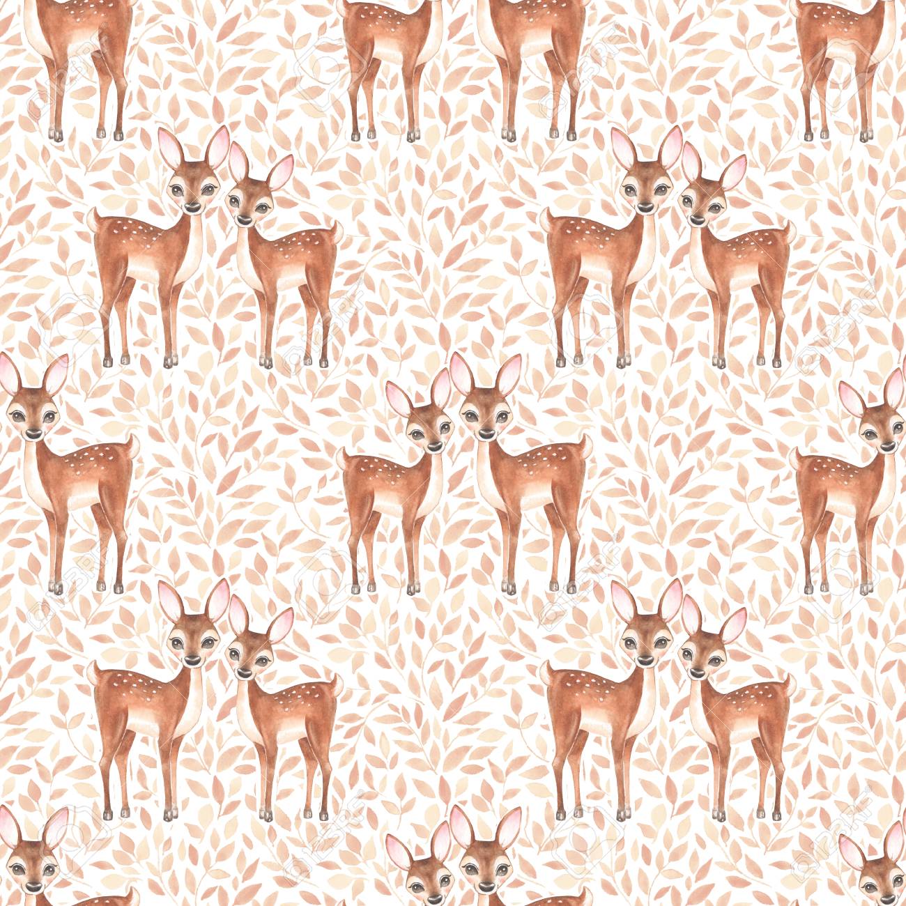 Watercolor floral pattern with fawns - 76128942 Watercolor floral pattern with fawns - 76128942