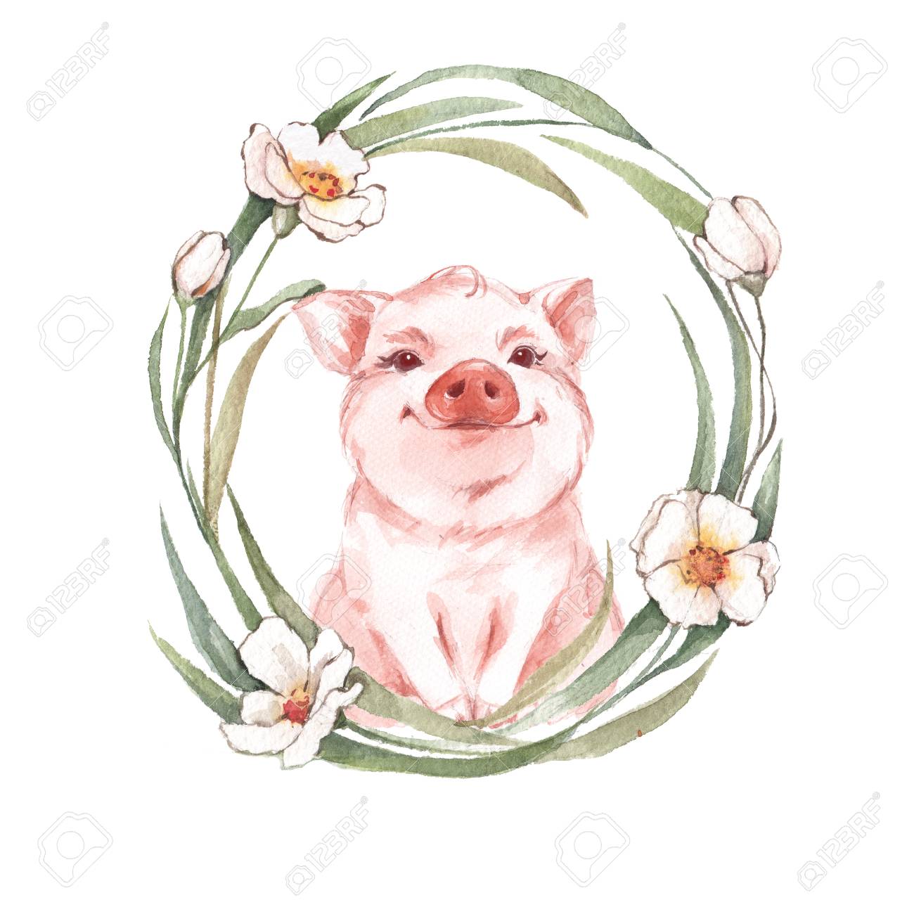 Download Art Collectibles Clip Art Pig Illustration Digital Clipart Watercolor Pig With Flowers Sunglasses Floral Wreath Png
