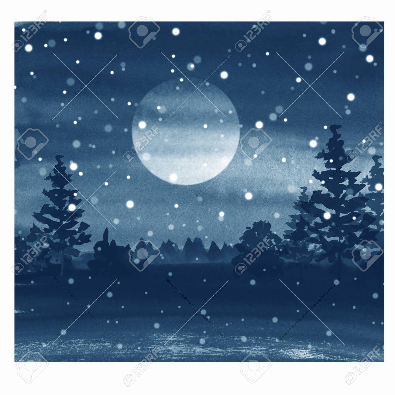 月と雪で冬の水彩風景の写真素材・画像素材 Image 89053832