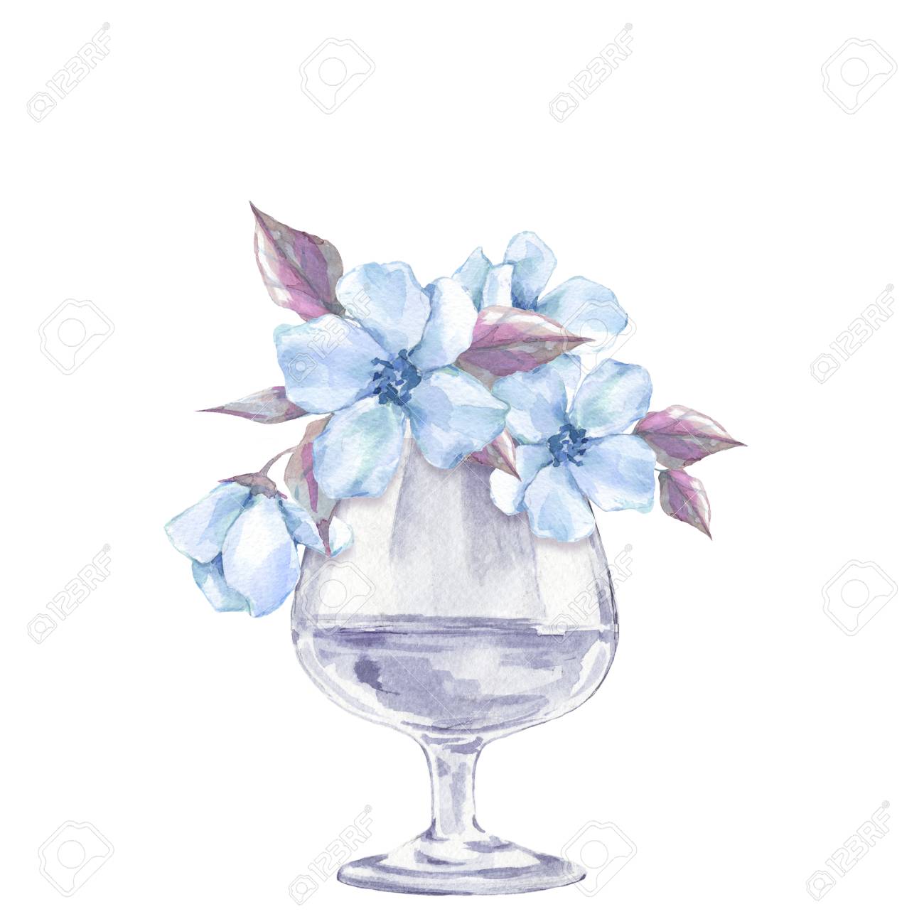 Glass Vase With Blue Flowers Watercolor Illustration Stock Photo