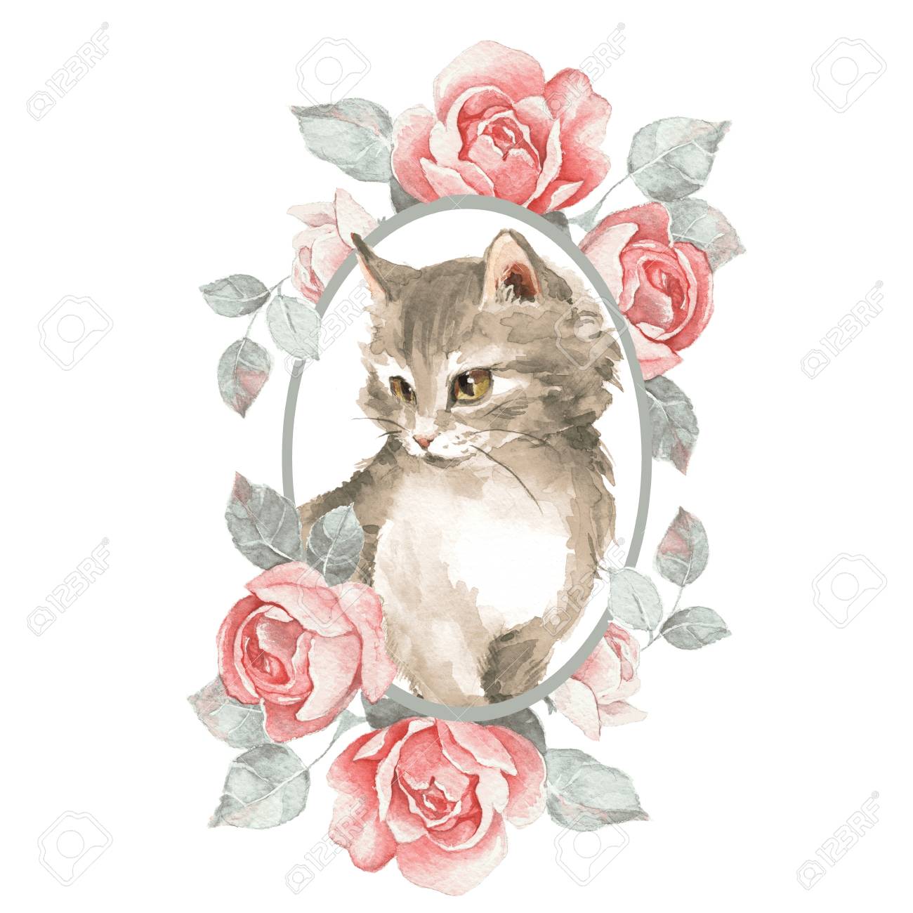 猫。かわいい子猫とバラ。水彩画のイラストの写真素材・画像素材