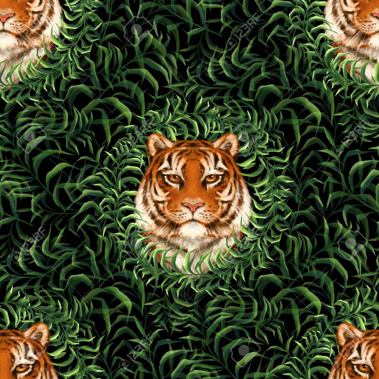 Tiger In Green Leaves. Seamless Pattern. Black Background Stock Photo,  Picture And Royalty Free Image. Image 153326085.