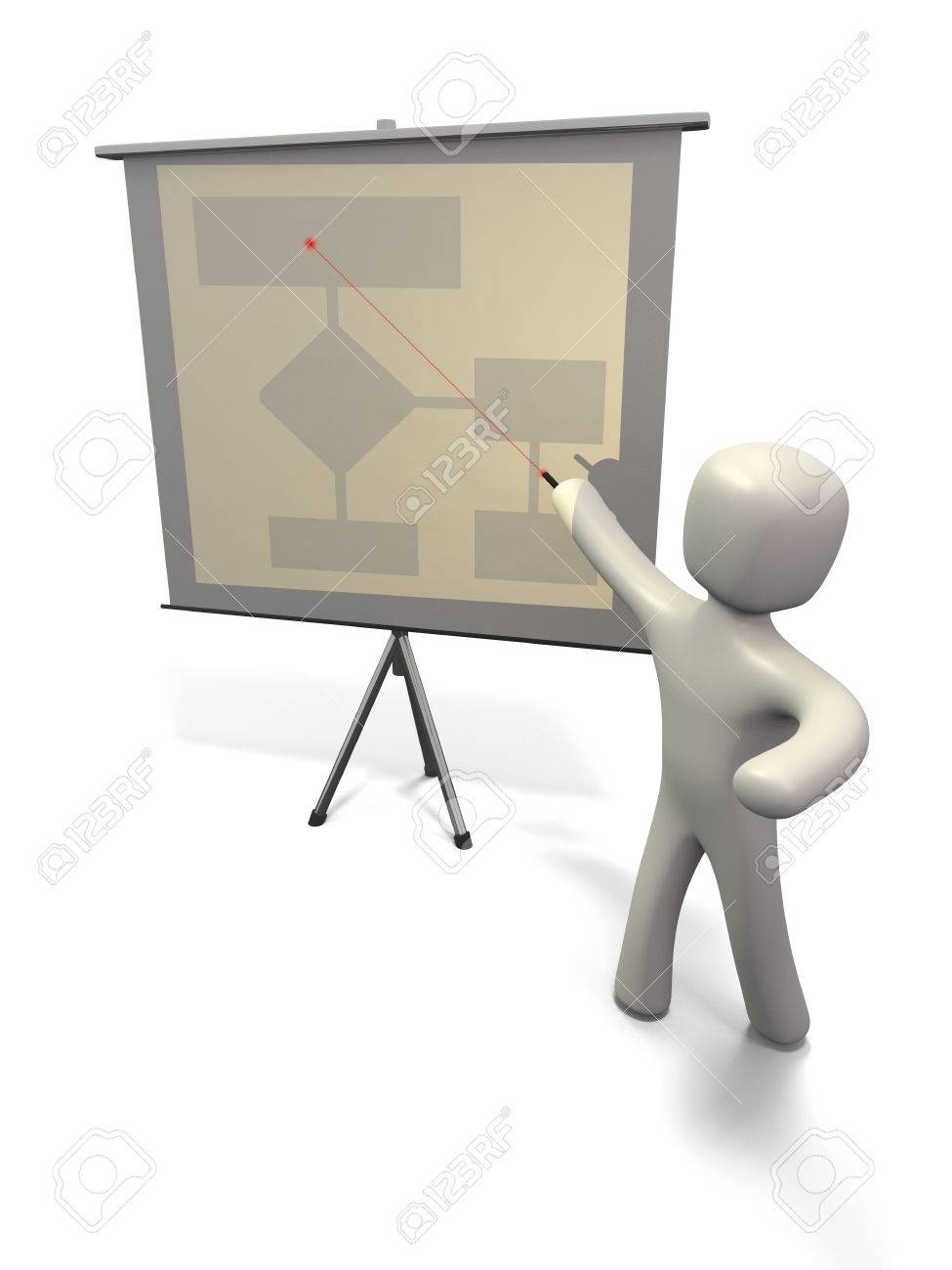 3d render of figure pointing to projection screen with red laser