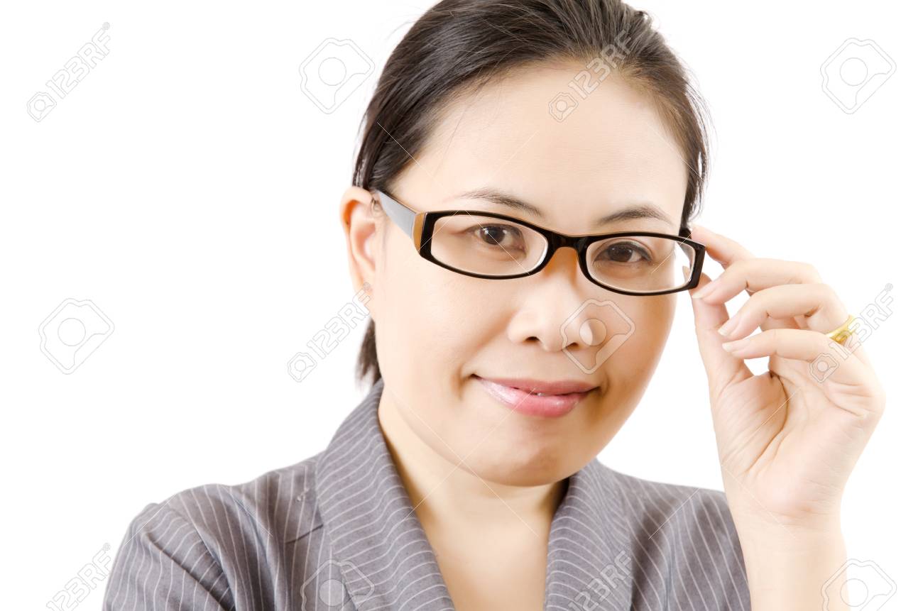 ビジネス女性のための彼女のメガネに触れると彼女の作品と思う の写真素材 画像素材 Image