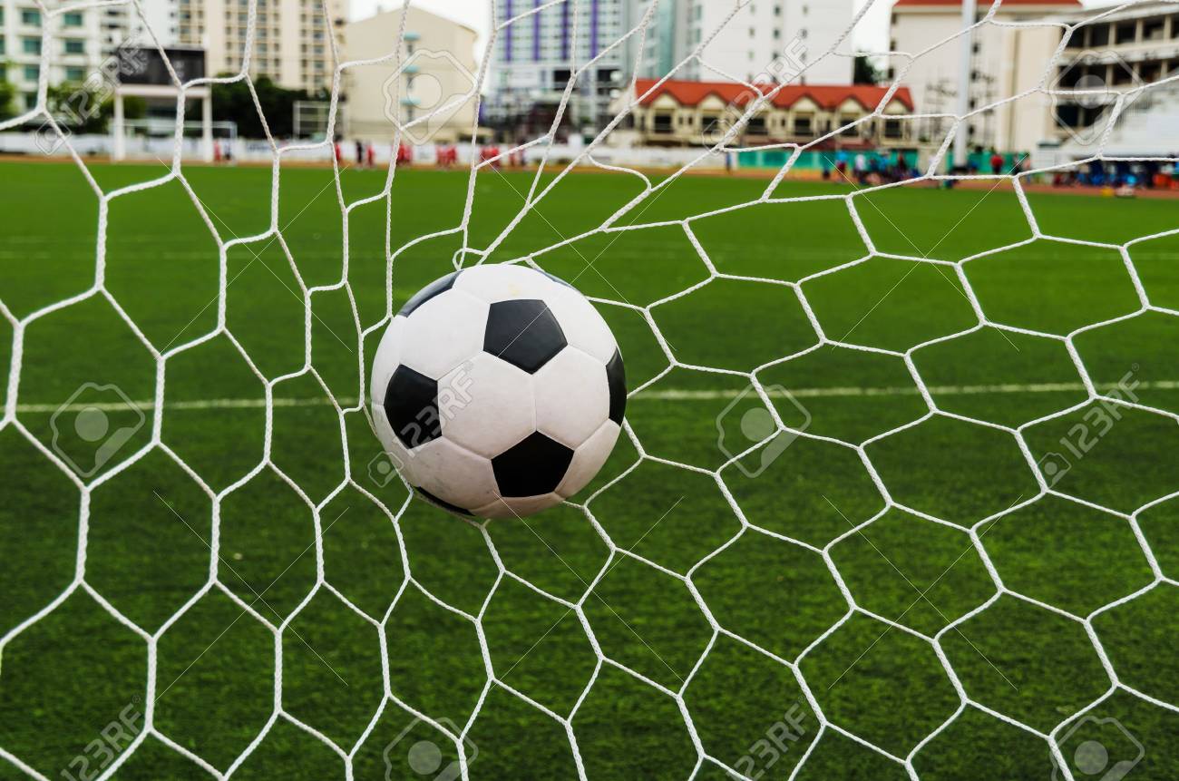 緑の芝生のフィールドとゴールネットのサッカー の写真素材 画像素材 Image