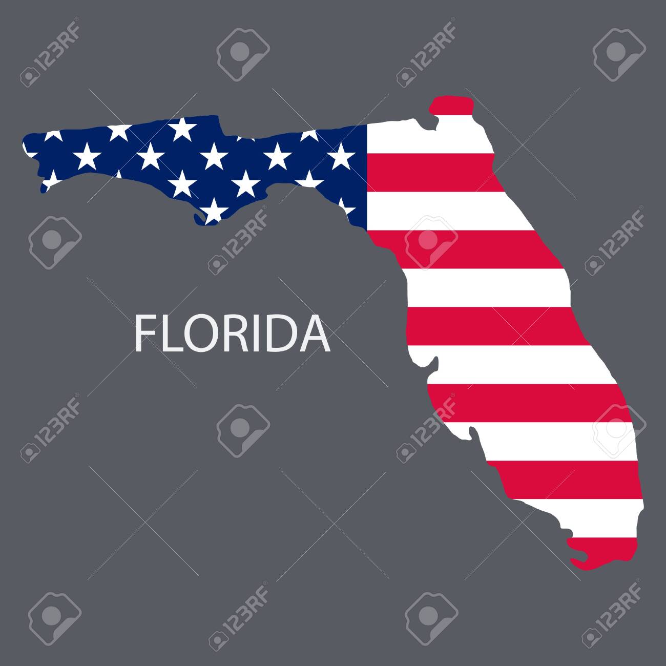 플로리다 주의 지리적 테마 지도를 위해 미국 지도에 지도 깃발이 인쇄된 미국 플로리다 주 로열티 무료 사진, 그림, 이미지 그리고  스톡포토그래피. Image 120081962