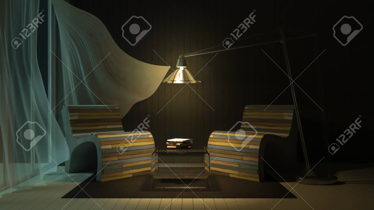 3ds Image Rendue De Salon Qui Ont Un Mur En Bois Gris Foncé Et Un Plancher En Bois Blanc Et Coloré Vieux Canapé En Bois Ensemble Rideaux En Tissu