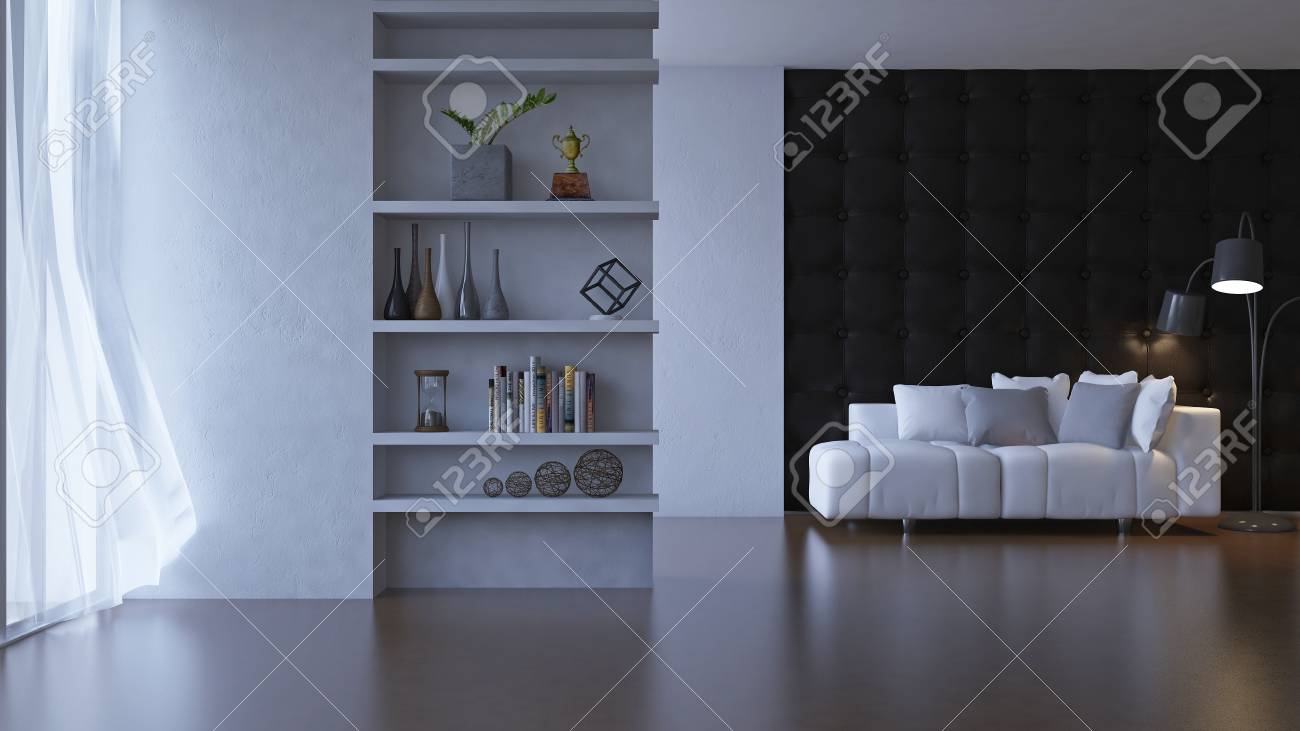 3d-rendering wohnzimmer. viele dekorationsgegenstände platz auf dem regal  in der betonwand gebaut. weißes sofa und dunklen schreibtischlampe auf