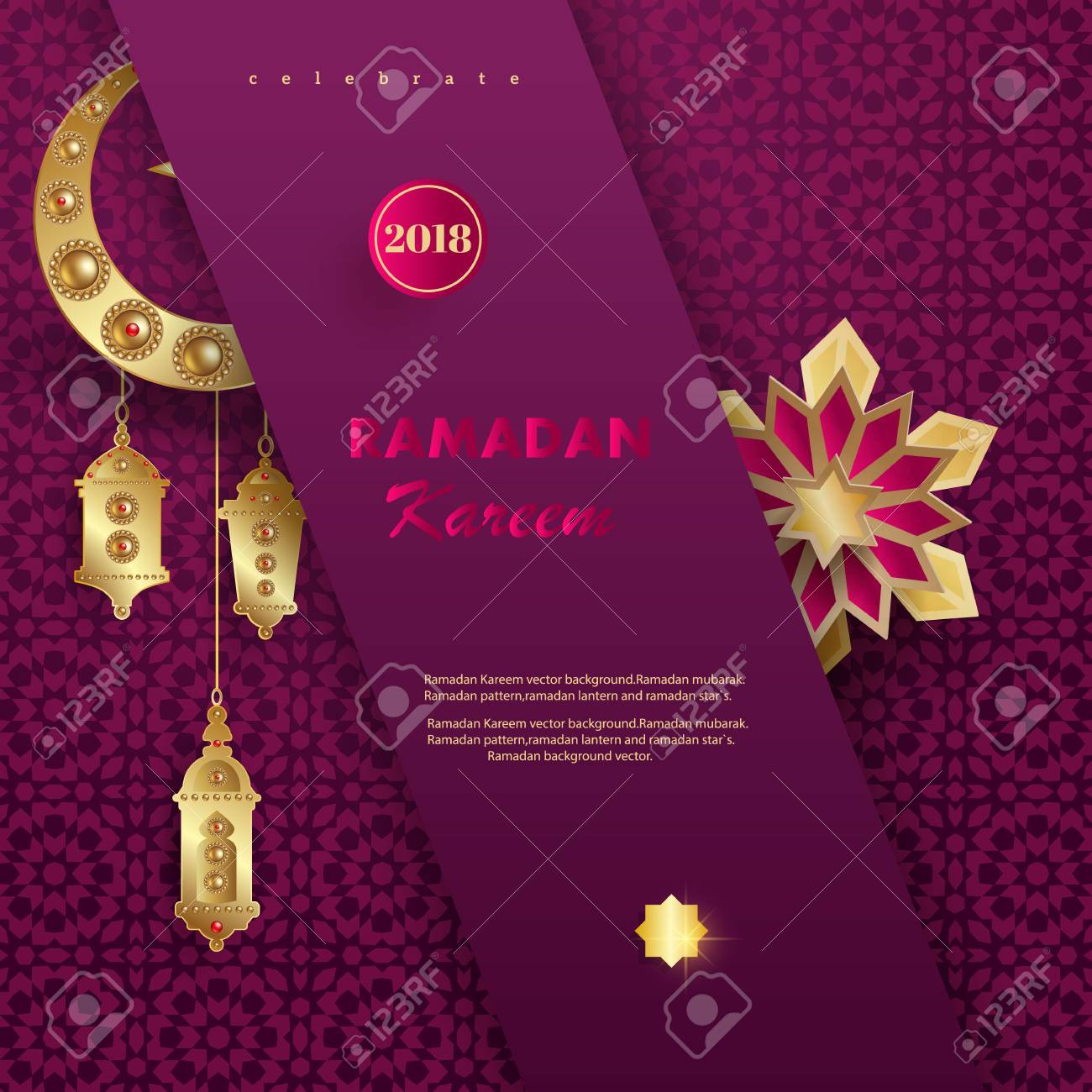 Download Ramadan Kareem Concept Banner With Islamic Geometric Patterns And Gold Paper Cut 3d Flowers Traditional Lanterns Moon And Stars On Red Background Vector Illustration Stock Photo Picture And Royalty Free Image Image