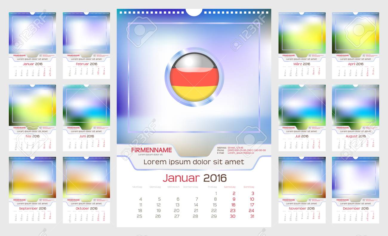 16 年の壁のカレンダー ドイツ語 シーズン別の色 今週は 月曜日を開始します 休日はマークされません 写真用スペース付きベクトル テンプレート 縦向き 12 ヶ月セット のイラスト素材 ベクタ Image
