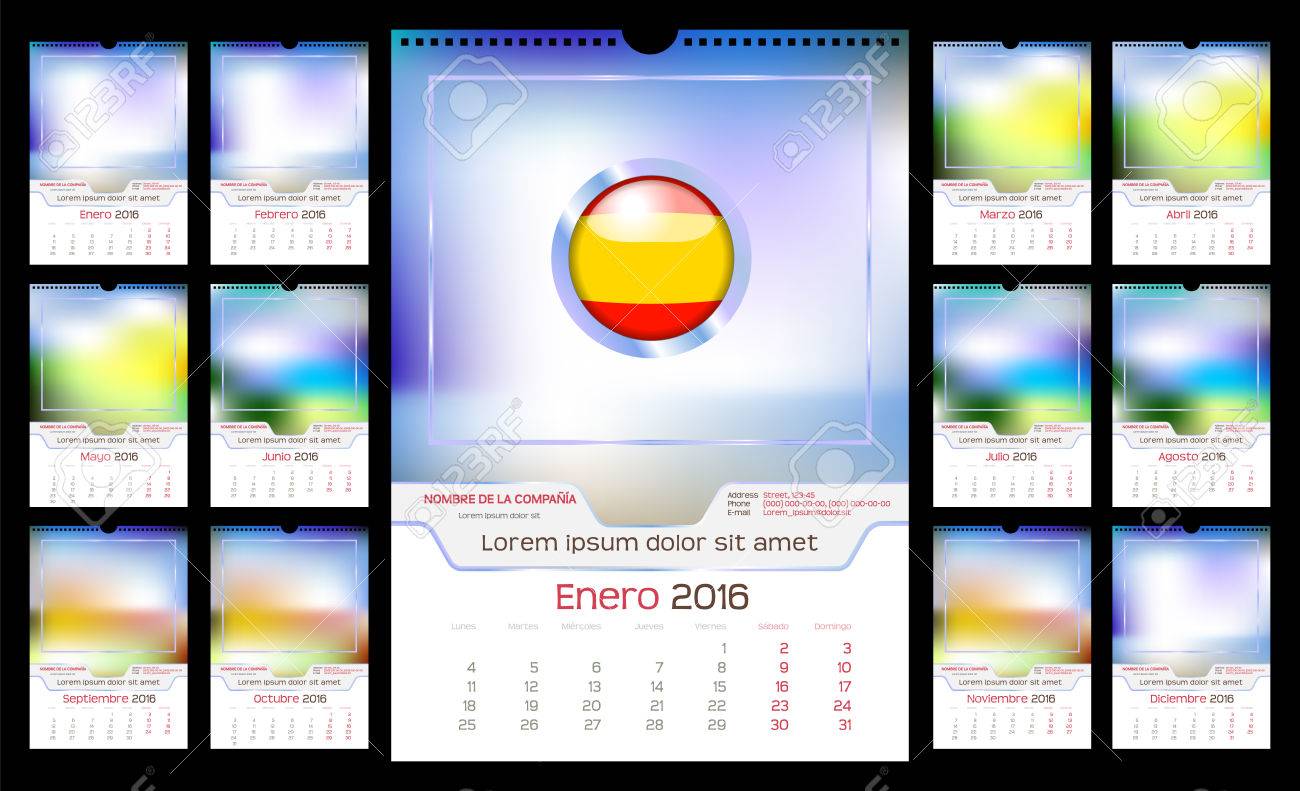 Calendario De Pared Mensual Para El Año 2016 En Español Diverso Color Para La Temporada La Semana Empieza El Lunes Las Vacaciones No Están