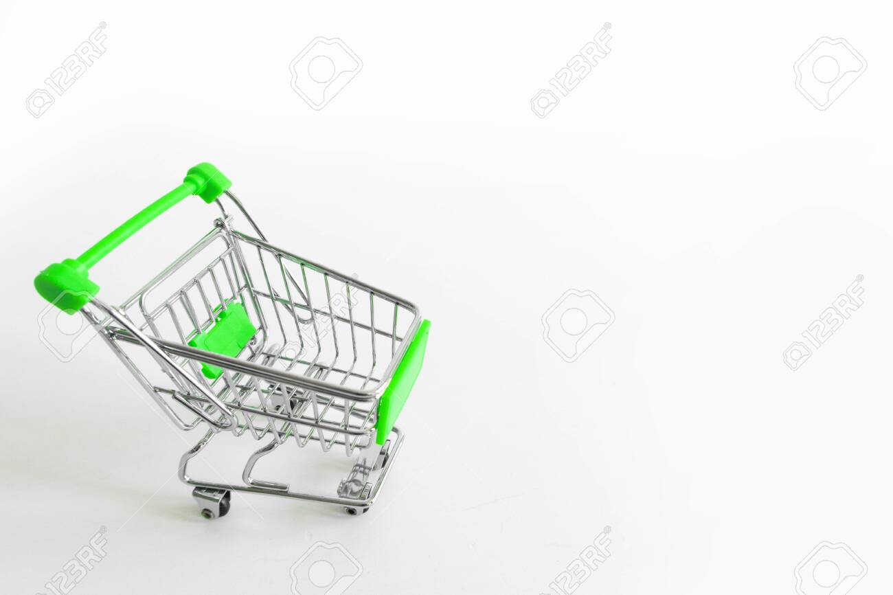 Download Shopping Cart On White Background Small Miniature Shop Trolley With Space For Your Text Copyspace Mockup Banner Stock Photo Picture And Royalty Free Image Image 149457516