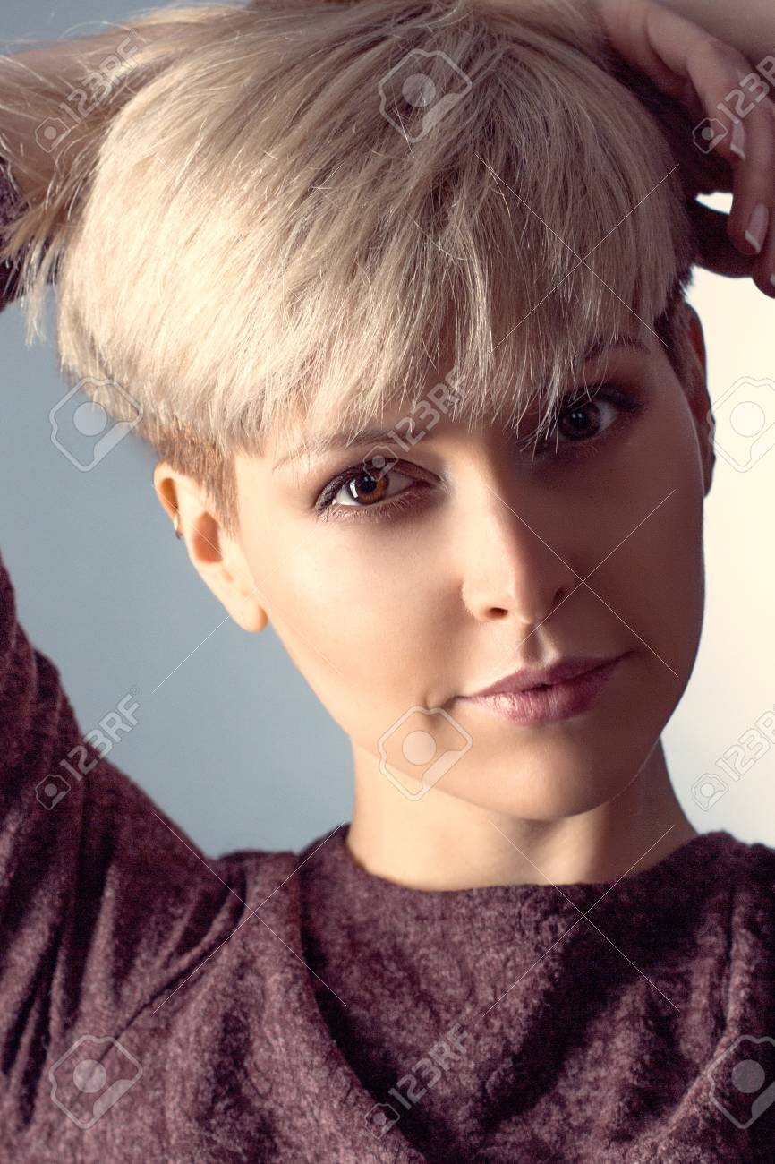 Beautiful And Chic Girl With Short Hair Haircut Makeup Stock