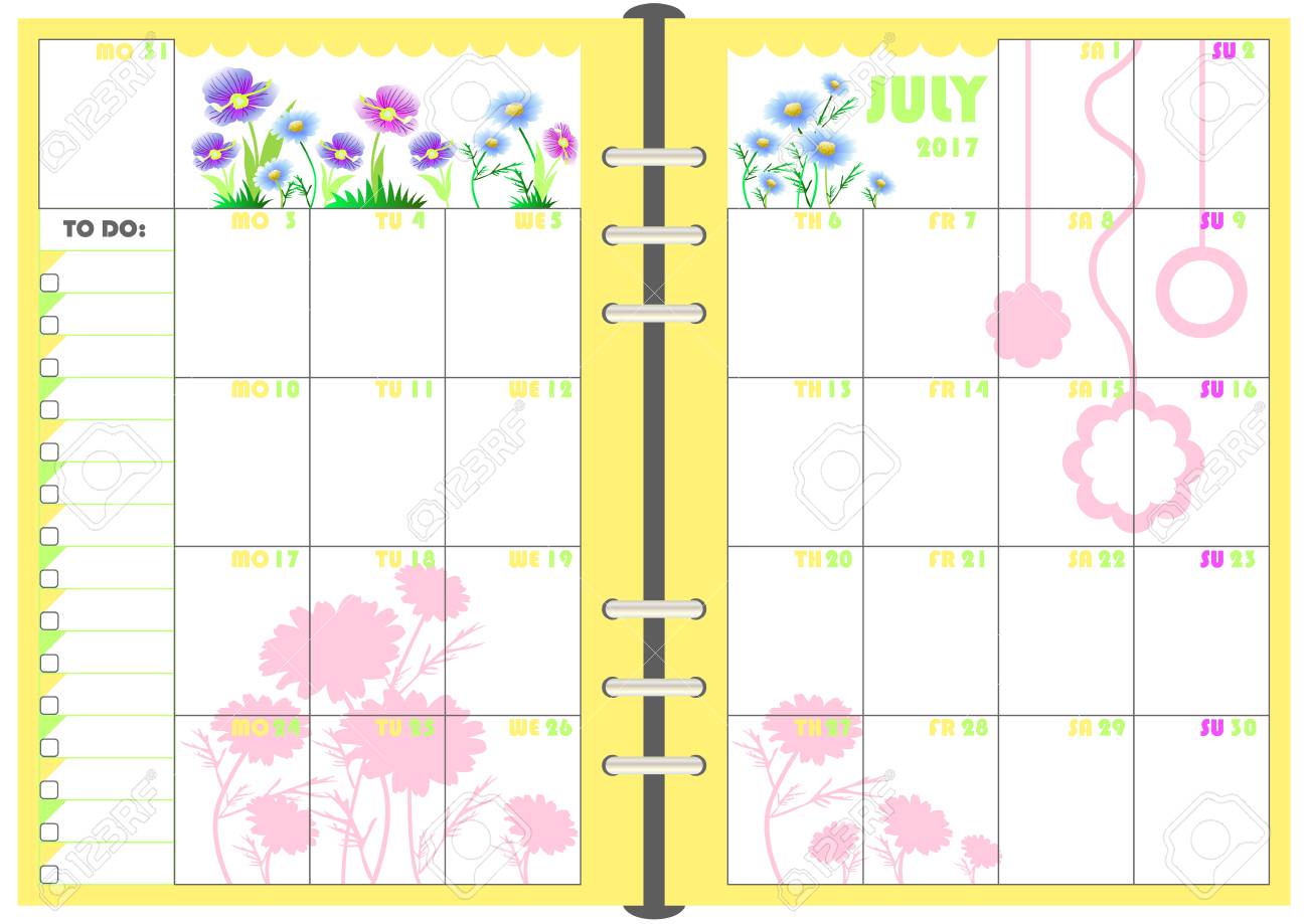17 年 7 月毎月カレンダー毎日のプランナーのテンプレート 紙形式ベクトルで A 5 に注意してください 主催者とのスケジュール ノートを場所します のイラスト素材 ベクタ Image