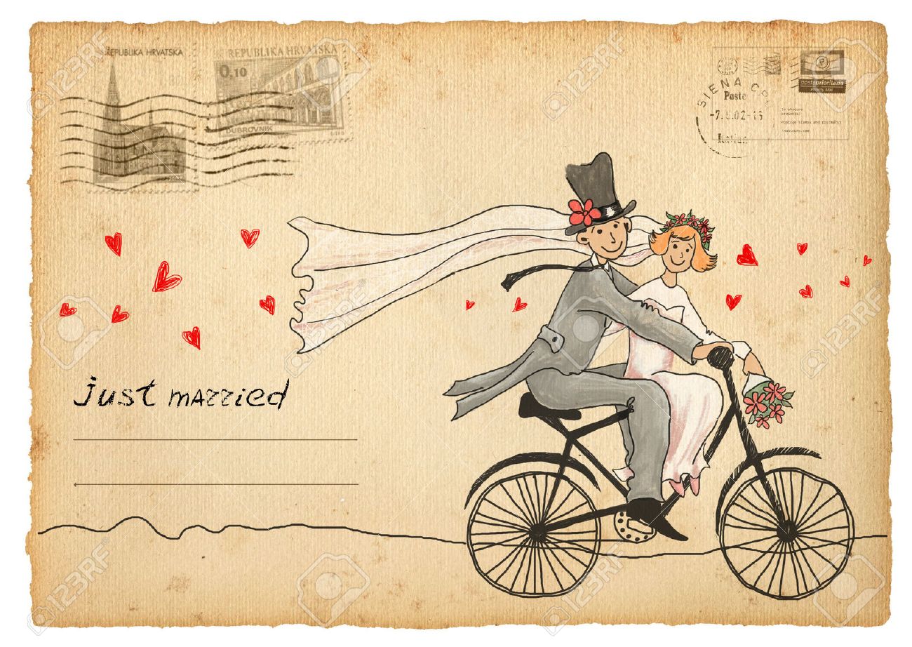 Vintage Wedding Greetings Card Travelling Groom And Bride On Stock Photo Picture And Royalty Free Image Image 55112778