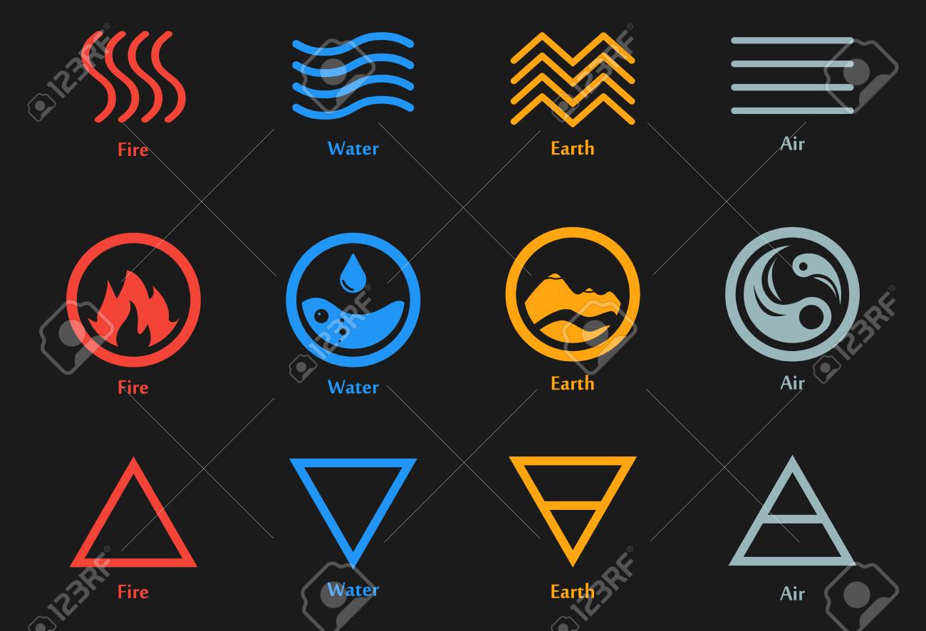 Illustration Raster De Quatre éléments Icônes Ligne Triangle Et Jeu De Symboles Ronds Modèle De Logo Vent Feu Eau Symbole De La Terre