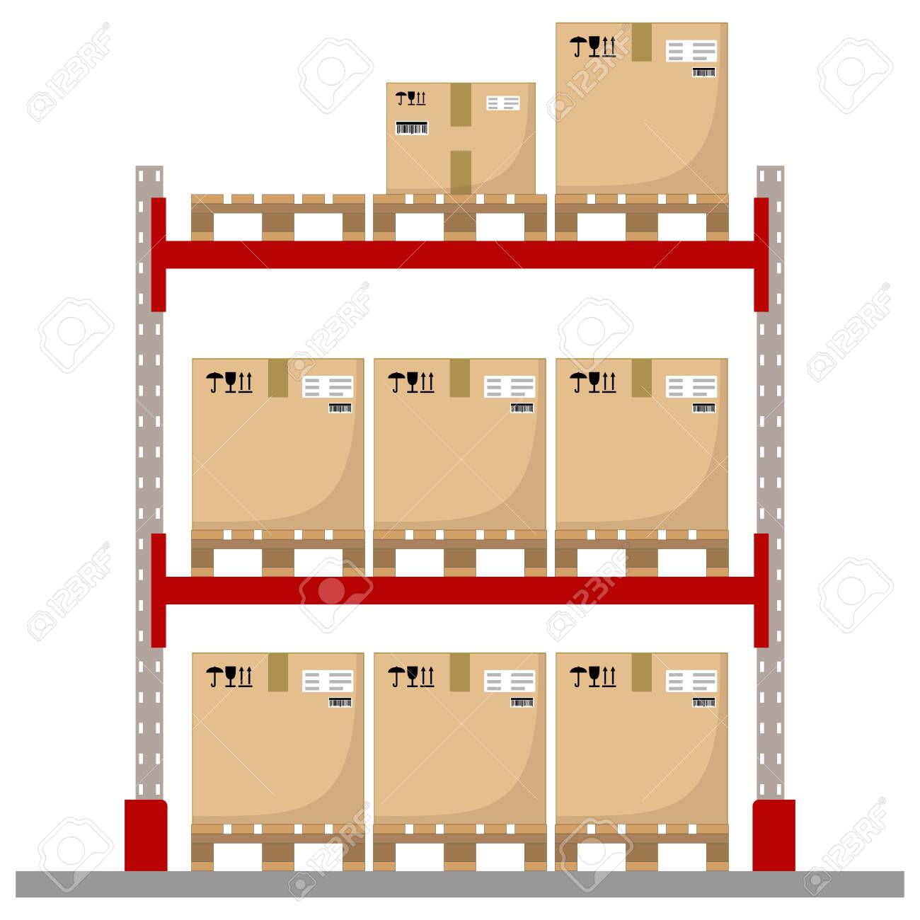 Metal racks for a warehouse with boxes on pallets. Flat design, front view. Vector illustration. - 142107840 Metal racks for a warehouse with boxes on pallets. Flat design, front view. Vector illustration. - 142107840