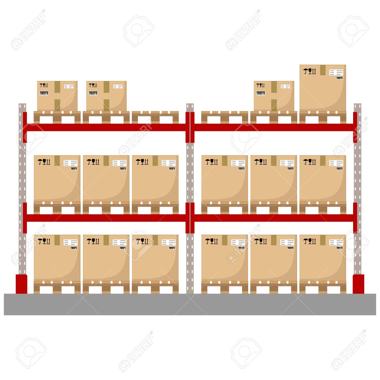Metal racks for a warehouse with boxes on pallets. Flat design, front view. Vector illustration. - 142107841 Metal racks for a warehouse with boxes on pallets. Flat design, front view. Vector illustration. - 142107841
