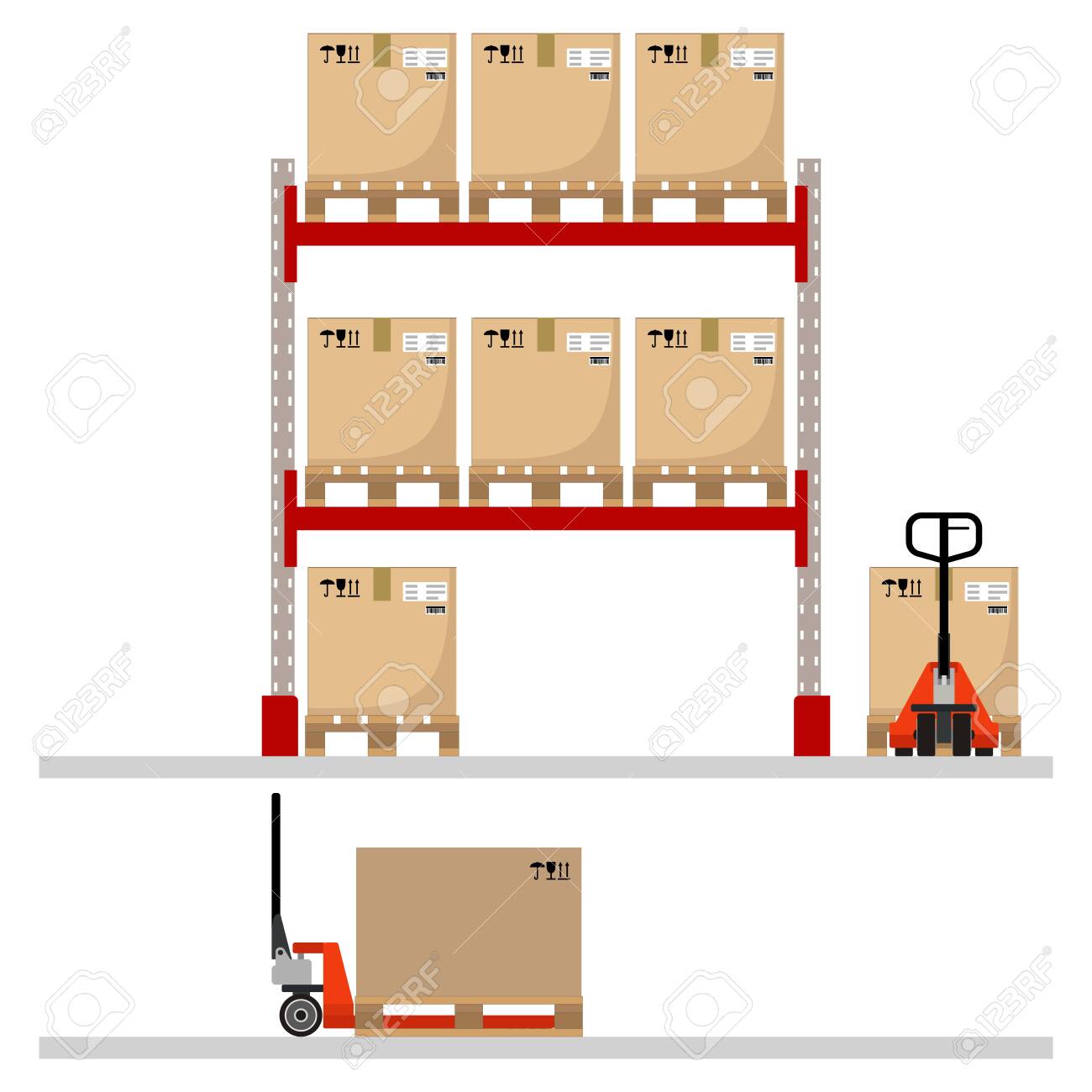Metal racks with boxes on pallets, hand pallet trucks with a cardboard boxes. Flat design. Vector illustration. - 142107867 Metal racks with boxes on pallets, hand pallet trucks with a cardboard boxes. Flat design. Vector illustration. - 142107867