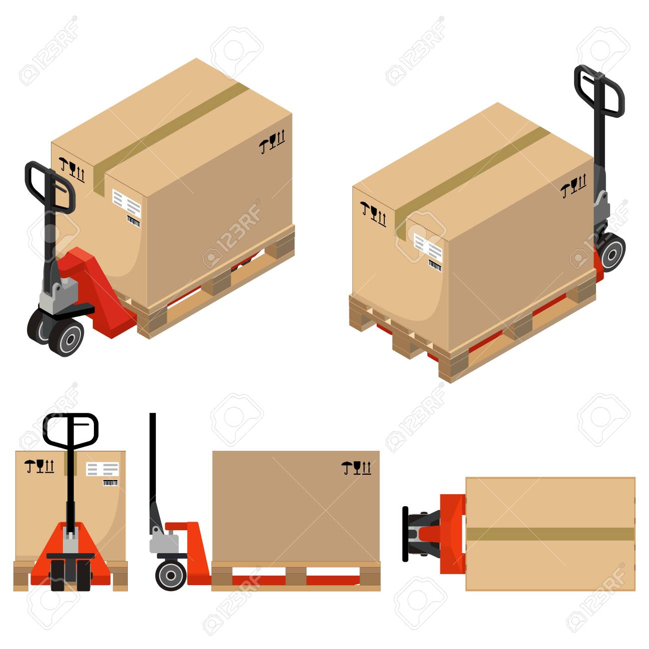 Download Hand Pallet Truck With A Cardboard Box Top View Front And Side Royalty Free Cliparts Vectors And Stock Illustration Image 142107900