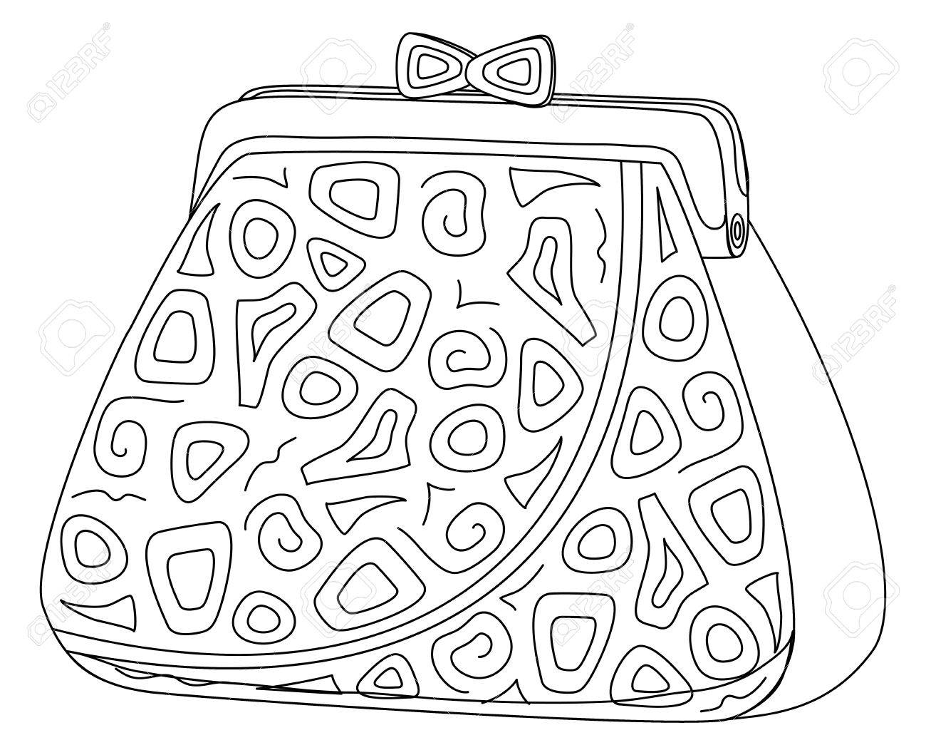 抽象的なパターンとお金のための女性の財布 モノクロの輪郭します ベクトル のイラスト素材 ベクタ Image