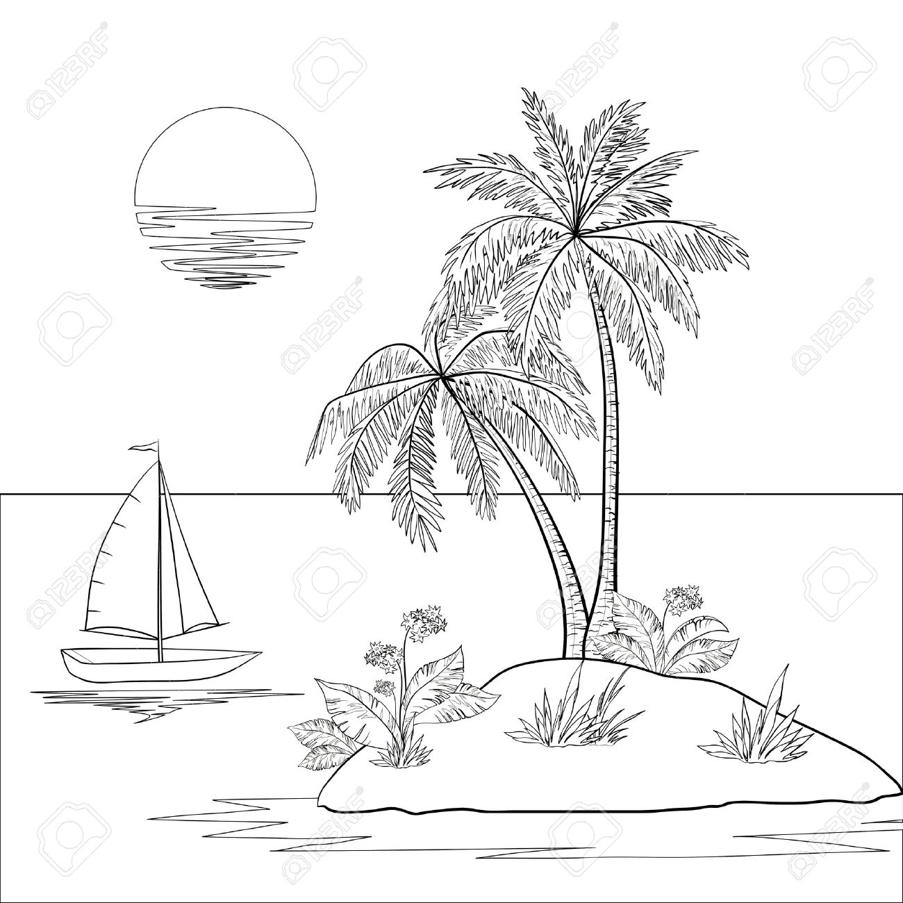 Ship, Sun, Tropical Sea Island With Palm Trees And Flowers Black Contour On  White Background Royalty Free SVG, Cliparts, Vectors, and Stock  Illustration. Image 14829725., image size:1300x1300