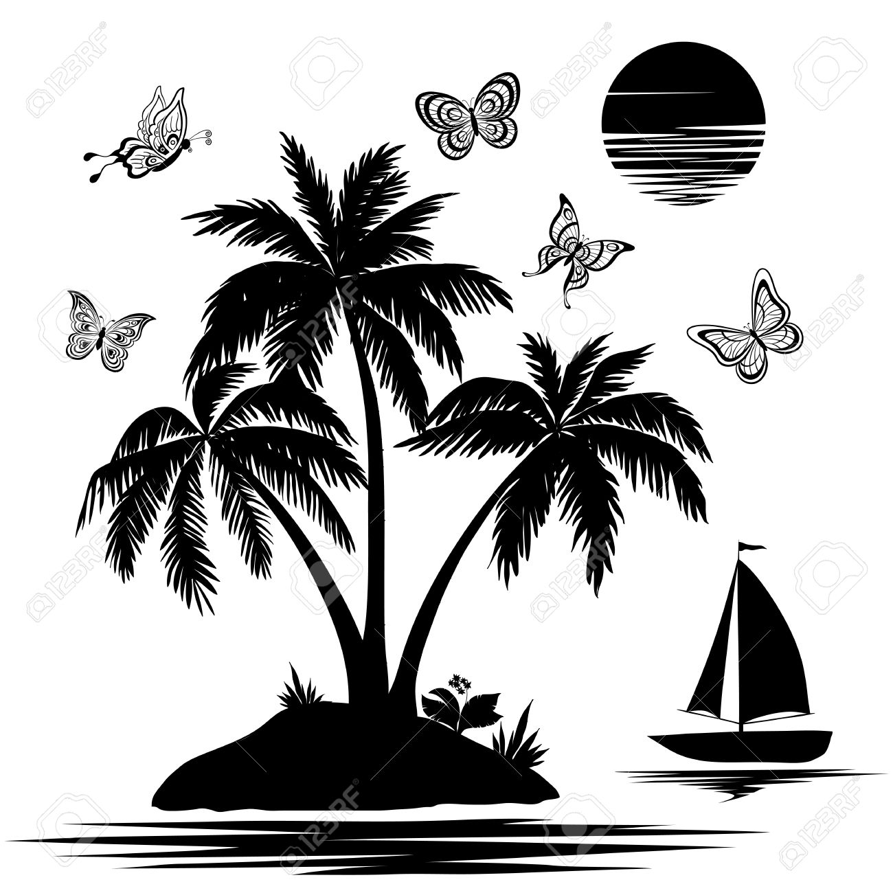 Tropical Sea Island With Palm Trees And Flowers, Ship, Butterflies And Sun  Set Black Silhouettes And Contours On White Background Royalty Free SVG,  Cliparts, Vectors, and Stock Illustration. Image 15049372., image size:1300x1300