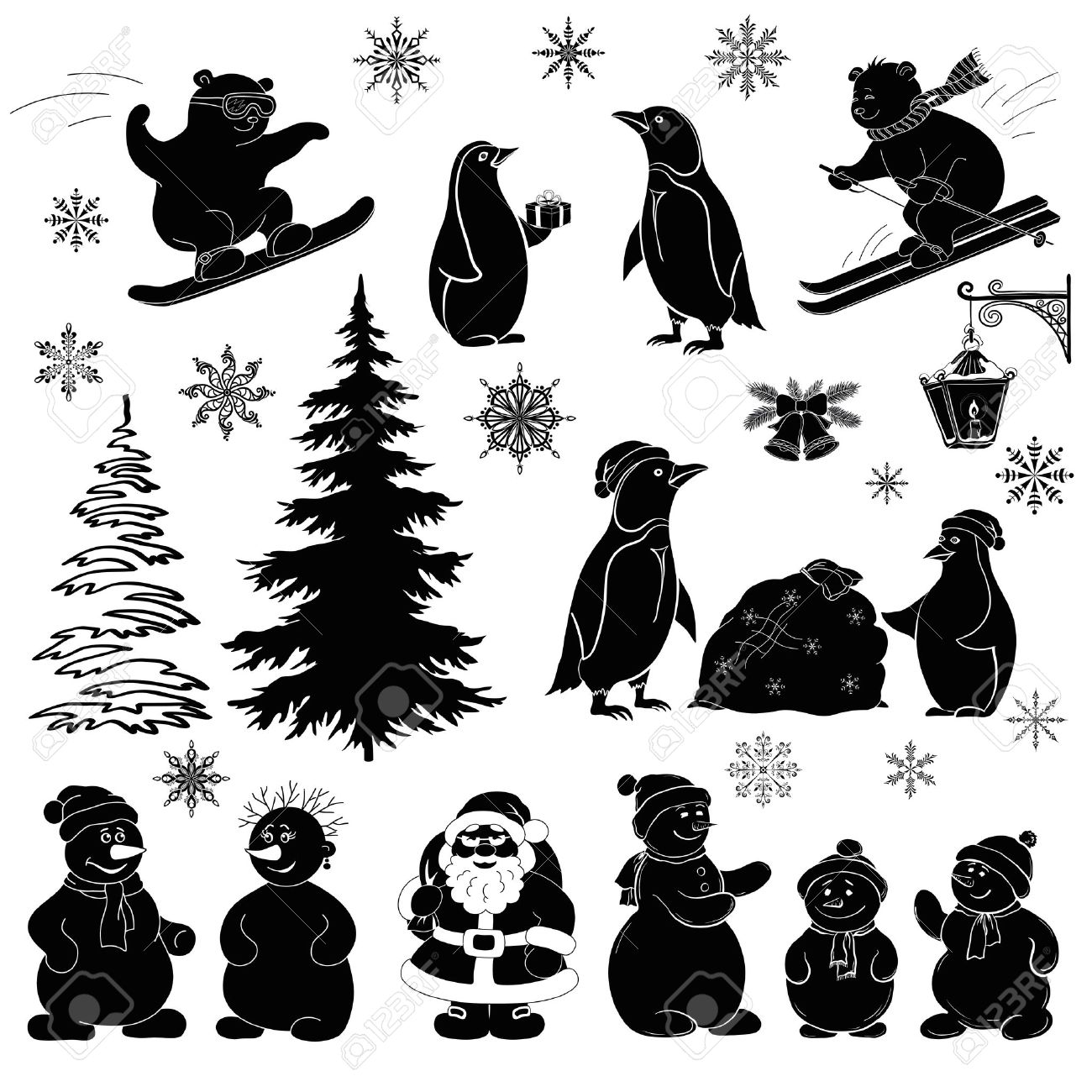 Christmas cartoon, set black silhouettes on white background Santa Claus, fir tree, teddy bears, penguins, sportsmans, snowflakes, lantern Vector - 15471340 Christmas cartoon, set black silhouettes on white background Santa Claus, fir tree, teddy bears, penguins, sportsmans, snowflakes, lantern Vector - 15471340