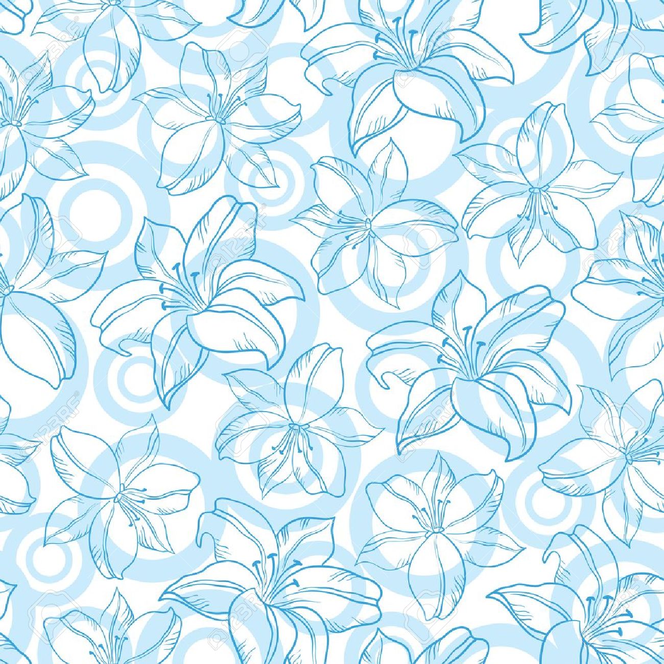 シームレスな花の背景 青いシルエット ユリの花 白円のイラスト素材 ベクタ Image