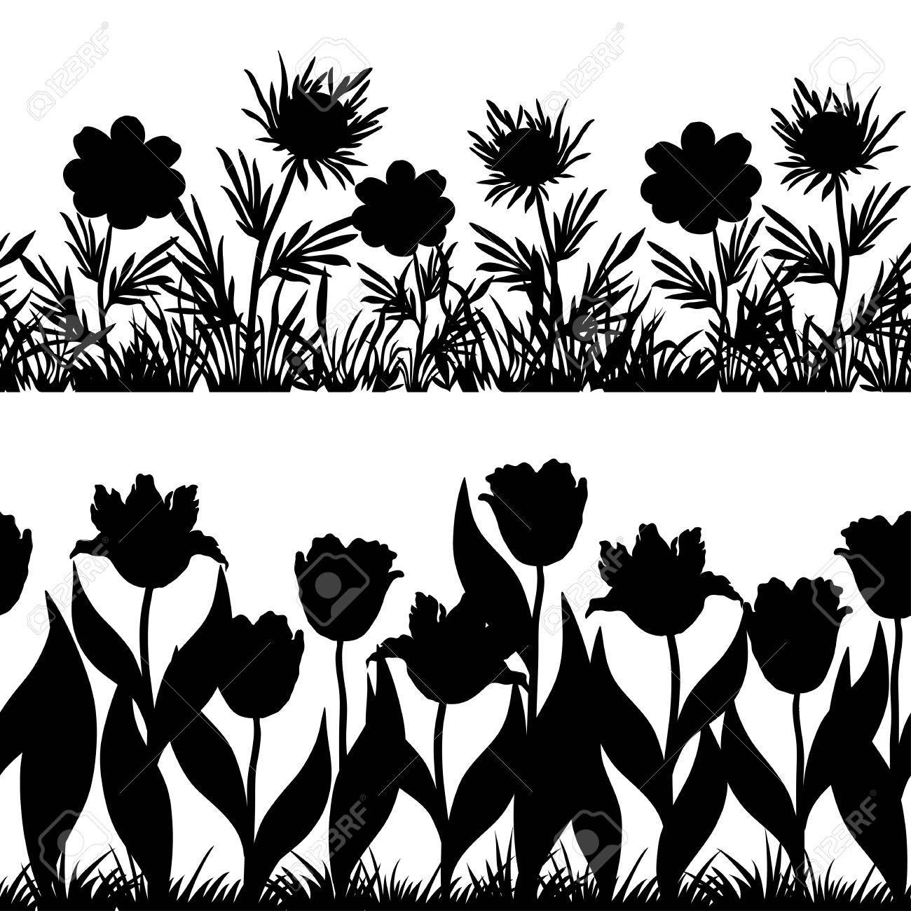 Set Seamless Of Flowers And Grass, Black Silhouette Isolated On White  Background Vector Royalty Free SVG, Cliparts, Vectors, and Stock  Illustration. Image 24521228., image size:1300x1300