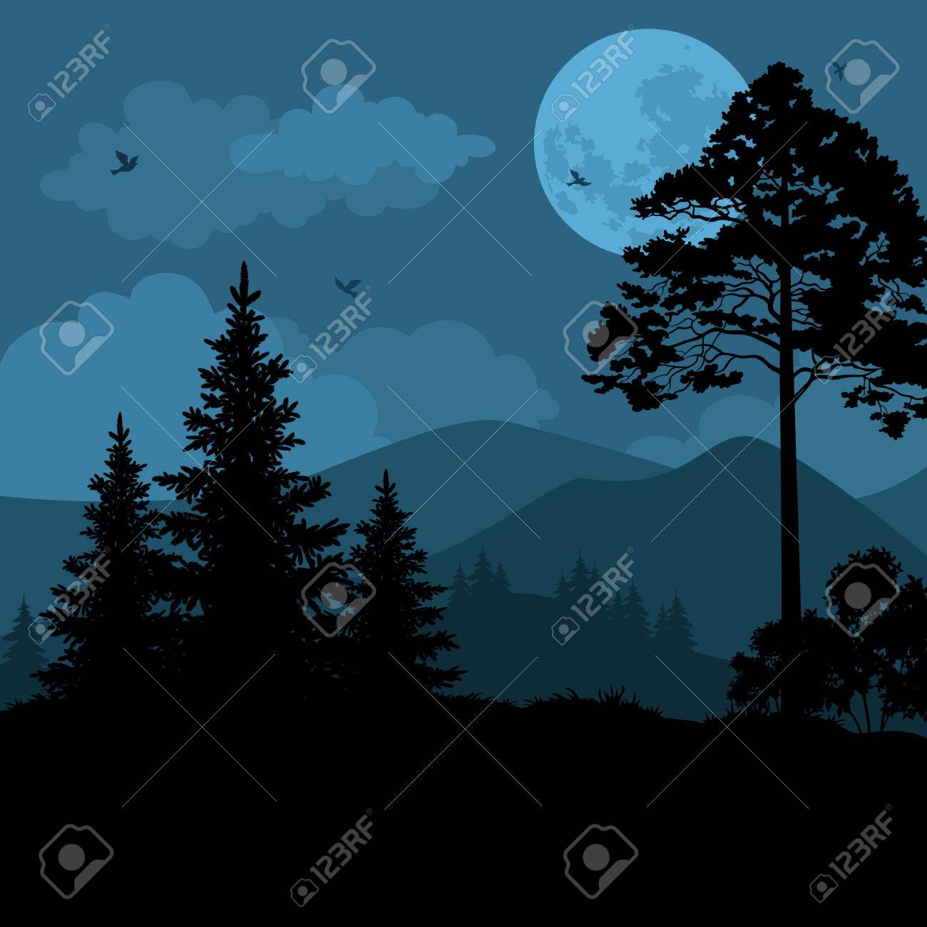 Night Mountain Landscape, Trees, Moon and Birds. Element of this Image Furnished by NASA, WWW.Visibleearth.Nasa.Gov. Vector - 38675023 Night Mountain Landscape, Trees, Moon and Birds. Element of this Image Furnished by NASA, WWW.Visibleearth.Nasa.Gov. Vector - 38675023