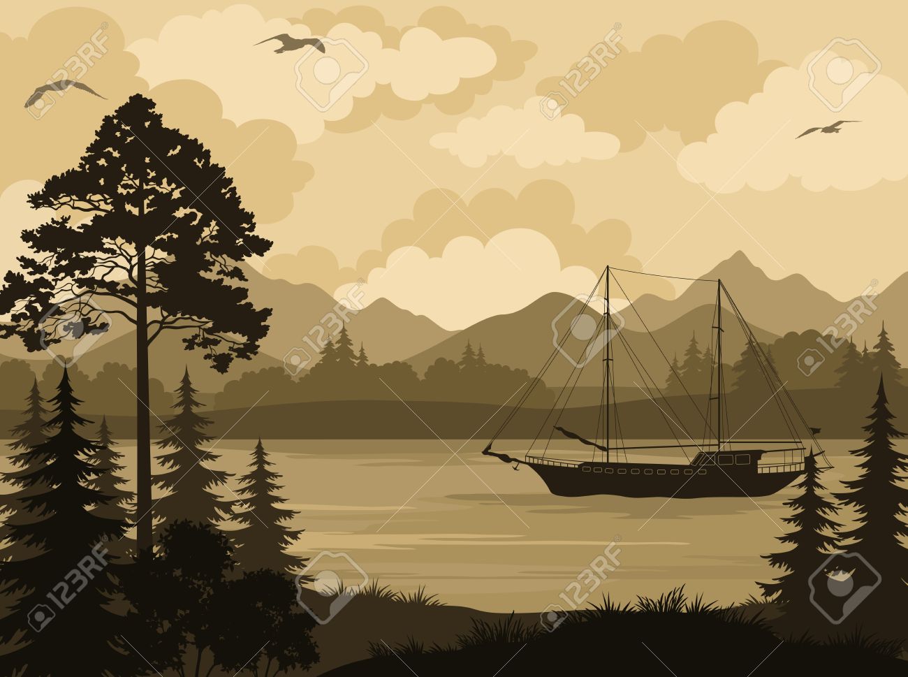 Landscape with Ship Sailboat on a Mountain Lake, Spruce Trees, Pine and Bushes, Birds in the Sky and Clouds. Vector - 41505530 Landscape with Ship Sailboat on a Mountain Lake, Spruce Trees, Pine and Bushes, Birds in the Sky and Clouds. Vector - 41505530