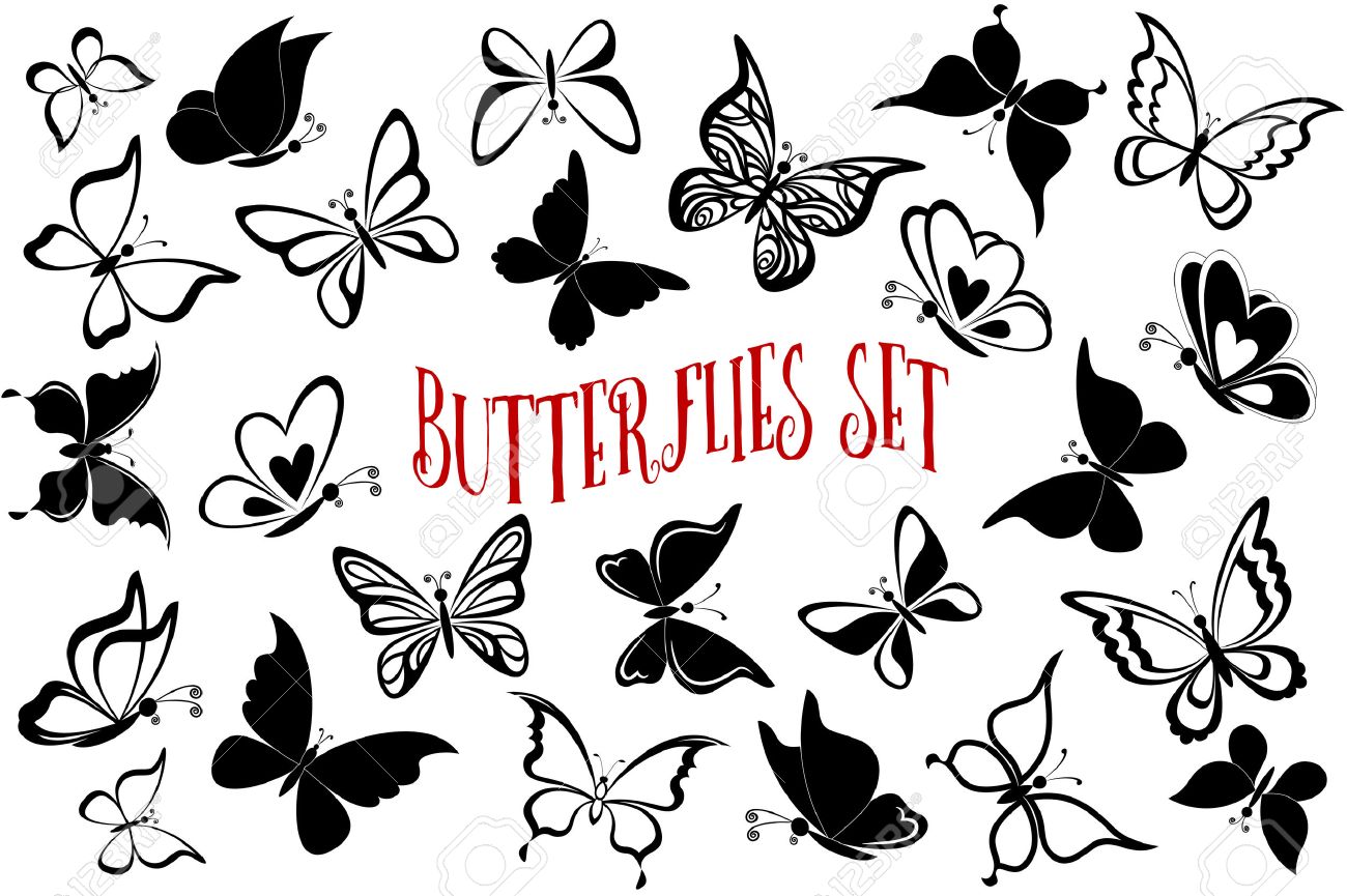 Set Butterflies Pictograms, Monochrome Black Contours and Silhouettes Isolated on White Background. - 54520276 Set Butterflies Pictograms, Monochrome Black Contours and Silhouettes Isolated on White Background. - 54520276
