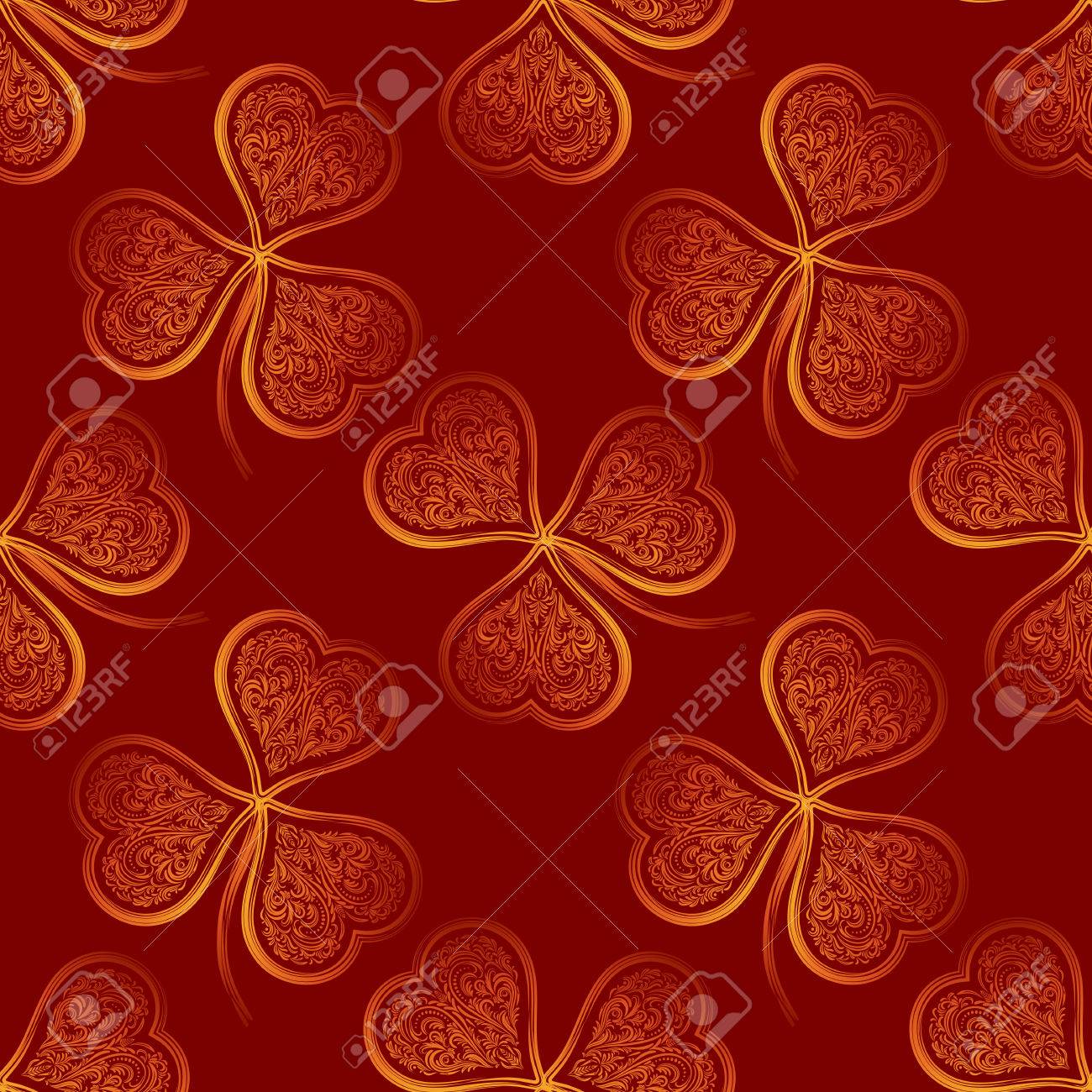Nahtlose Fliese Muster Symbolisch Klee Pflanzen Mit Blattern Von Contour Goldene Valentine Feiertags Herzen Auf Rotem Hintergrund Lizenzfrei Nutzbare Vektorgrafiken Clip Arts Illustrationen Image 68105427