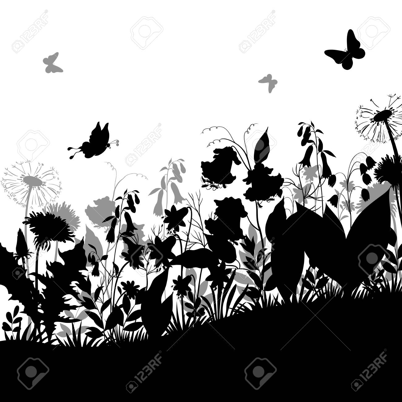 夏の風景 蝶 草の花タンポポ ブルーベル 白い背景に黒と灰色のシルエットを残します ベクトルのイラスト素材 ベクタ Image 78340603