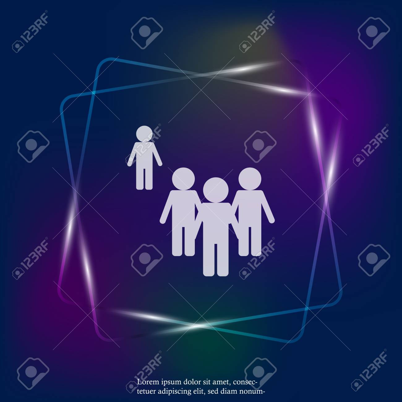 レイヤー 脇 群衆と一人の人が脇に立っているベクトルネオンライト画像。群衆の外にいる人とは違う人。人物のシンボル。群衆の看板。レイヤーは、簡単に編集イラストを表示するためにグループ化されています。デザイン用のイラスト素材・ベクター  Image 114157167