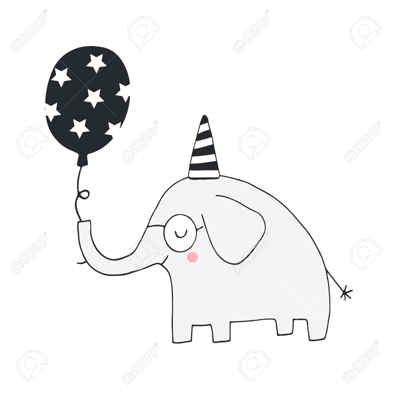 スカンジナビアスタイルの象とユニークな手描きの保育園の誕生日ポスター ベクトルイラスト のイラスト素材 ベクタ Image