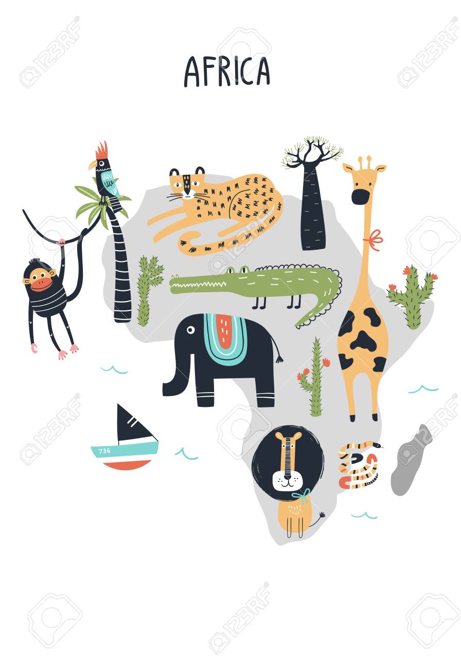 Animal World Map Mainland Africa Cute Cartoon Hand Drawn Nursery Royalty Free Cliparts Vectors And Stock Illustration Image