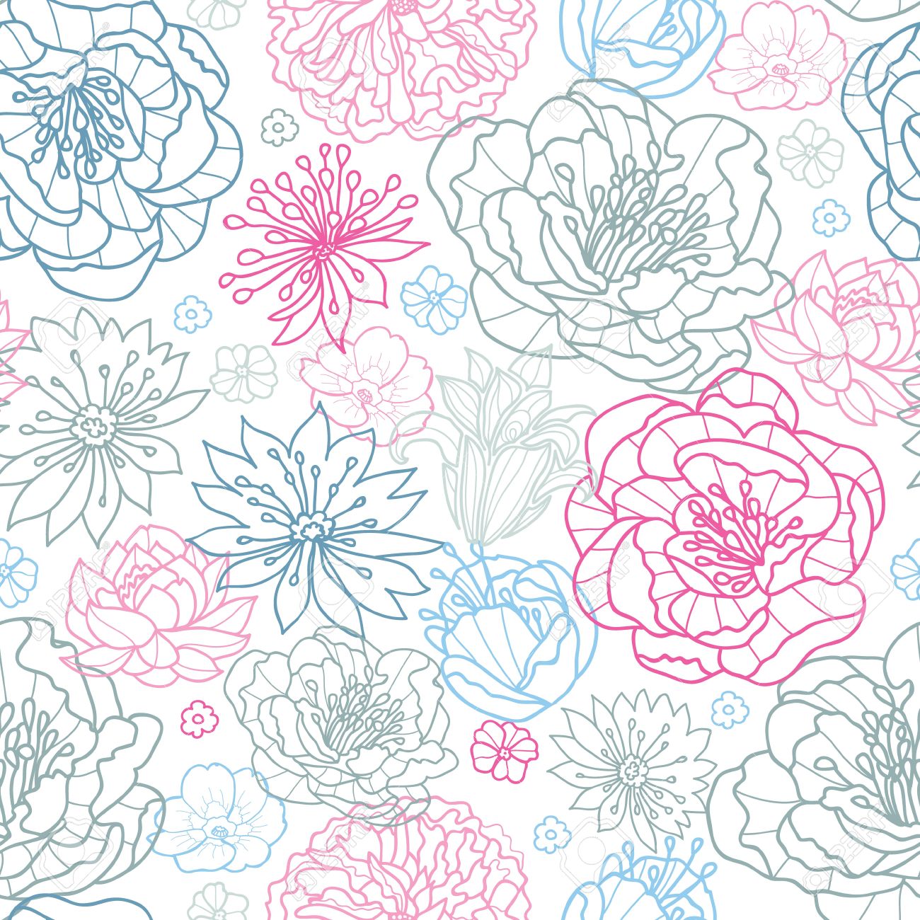 Gray and pink lineart florals seamless pattern background - 20342031 Gray and pink lineart florals seamless pattern background - 20342031