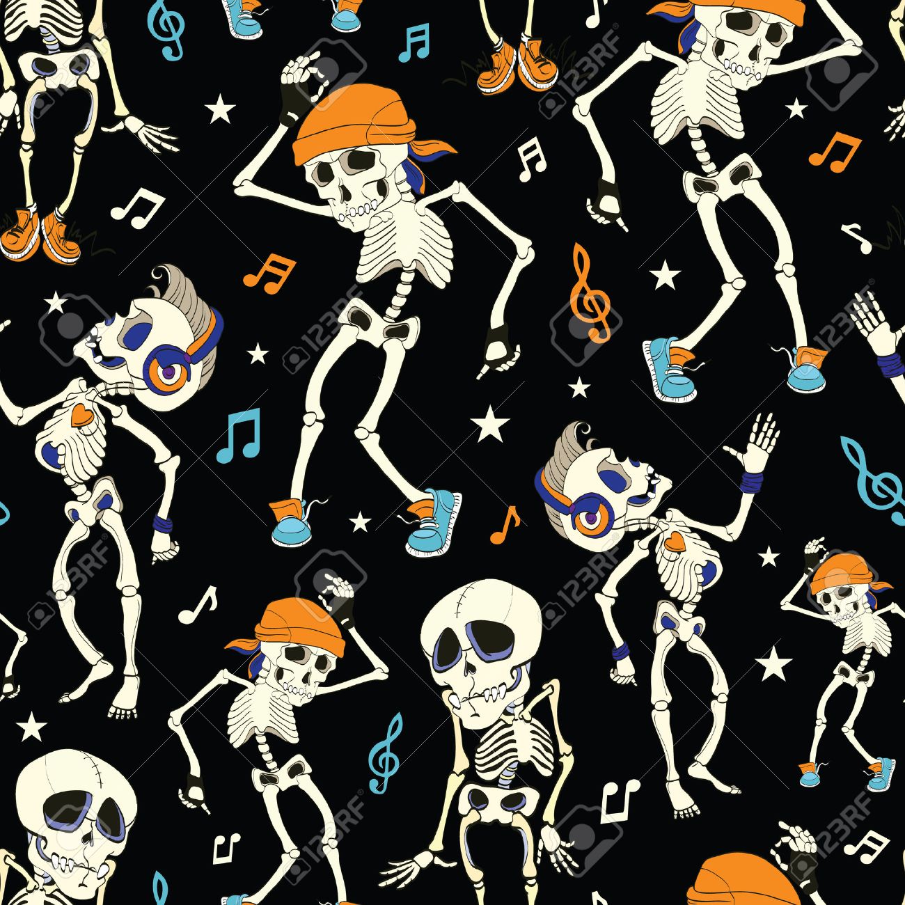 vector dancing skeletons party halloween seamless pattern music disco funny headphones graphic design stock - Dancing Halloween vector dancing skeletons party halloween seamless pattern music disco funny headphones graphic design stock - Dancing Halloween