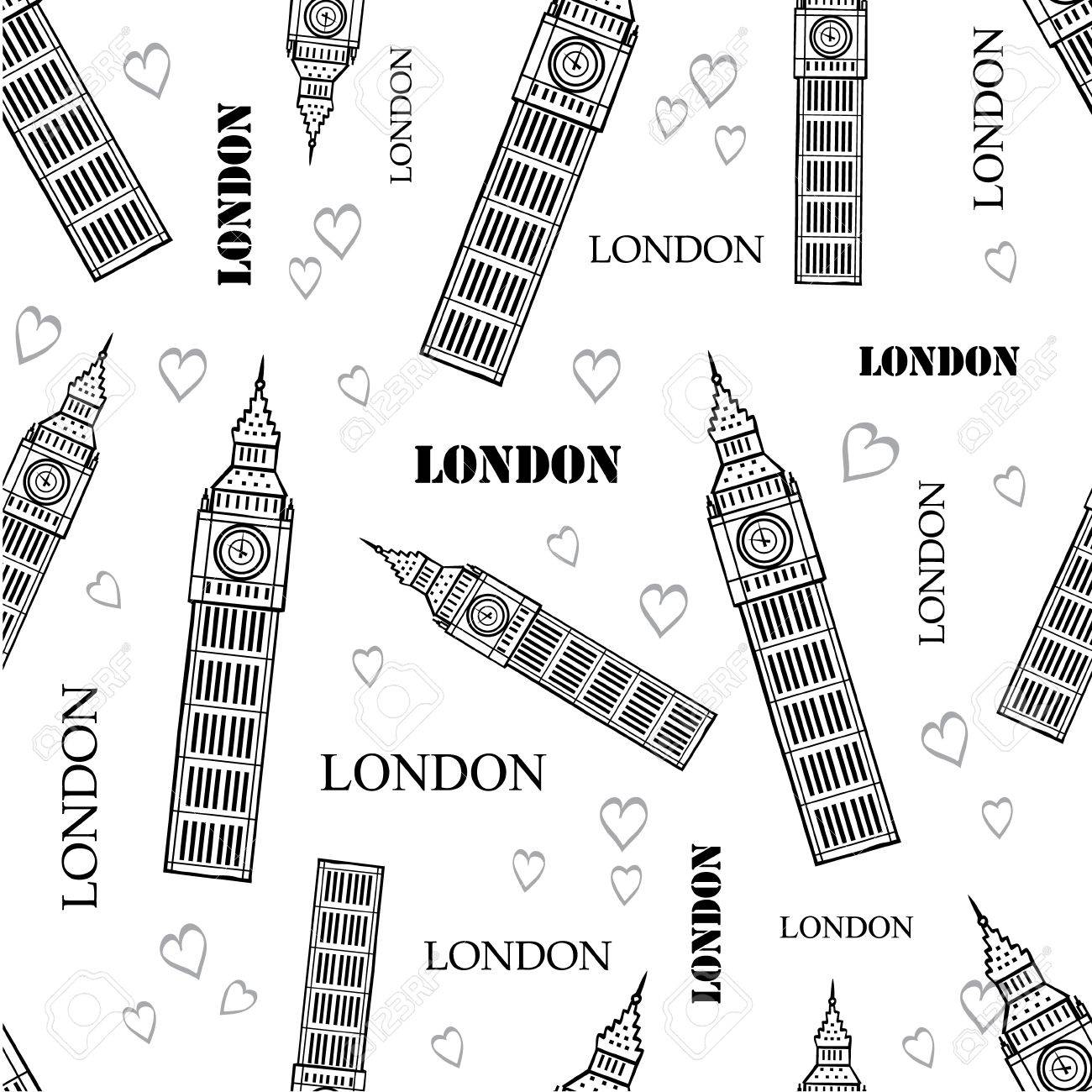 ロンドンのシンボルは黒い大きなベン タワー 心と言葉で白いシームレスなパターンです 旅行テーマにした背景 カード 包装 壁紙に最適です テキスタイル デザインと表面のパターン設計 のイラスト素材 ベクタ Image