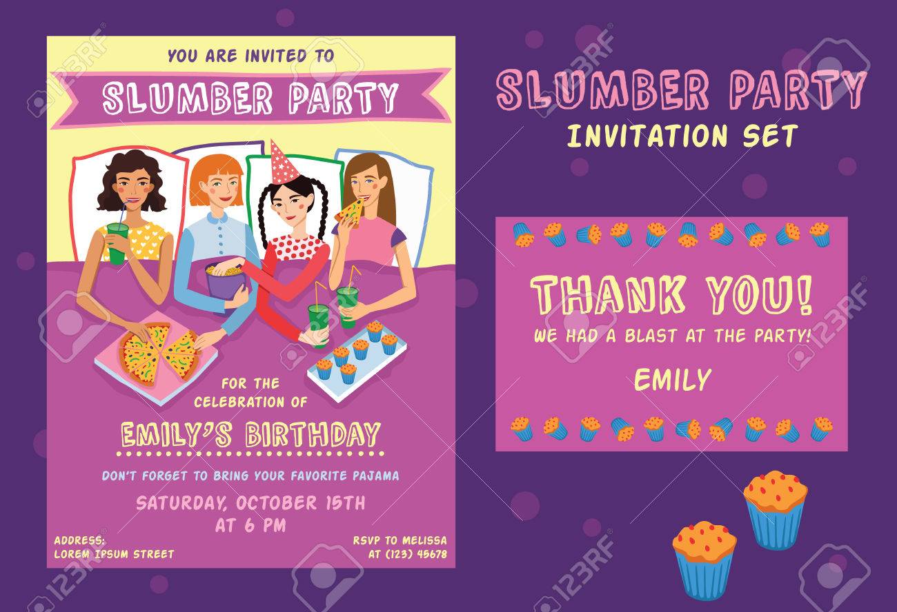 slumber party birthday invitation thank you card set with four