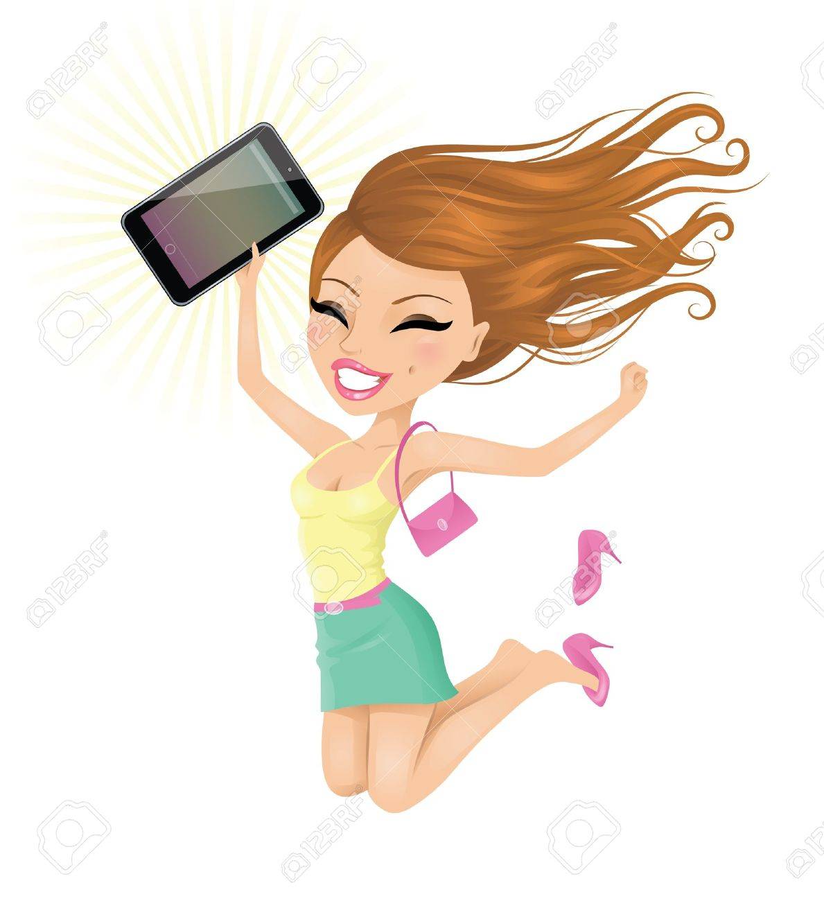 Woman happy with her touch pad. Woman happy with her touch pad.